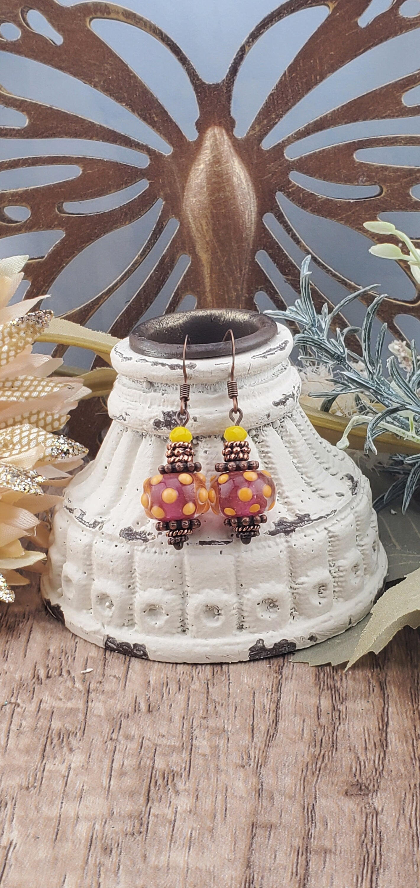 Polka Dot Dress Artisan Glass Earrings, Lampwork Glass Bead by Grace Lampwork Beads, Copper Earring Wire Polka Dot Dress Artisan Glass Earrings, Lampwork Glass Bead by Grace Lampwork Beads, Copper Earring Wire