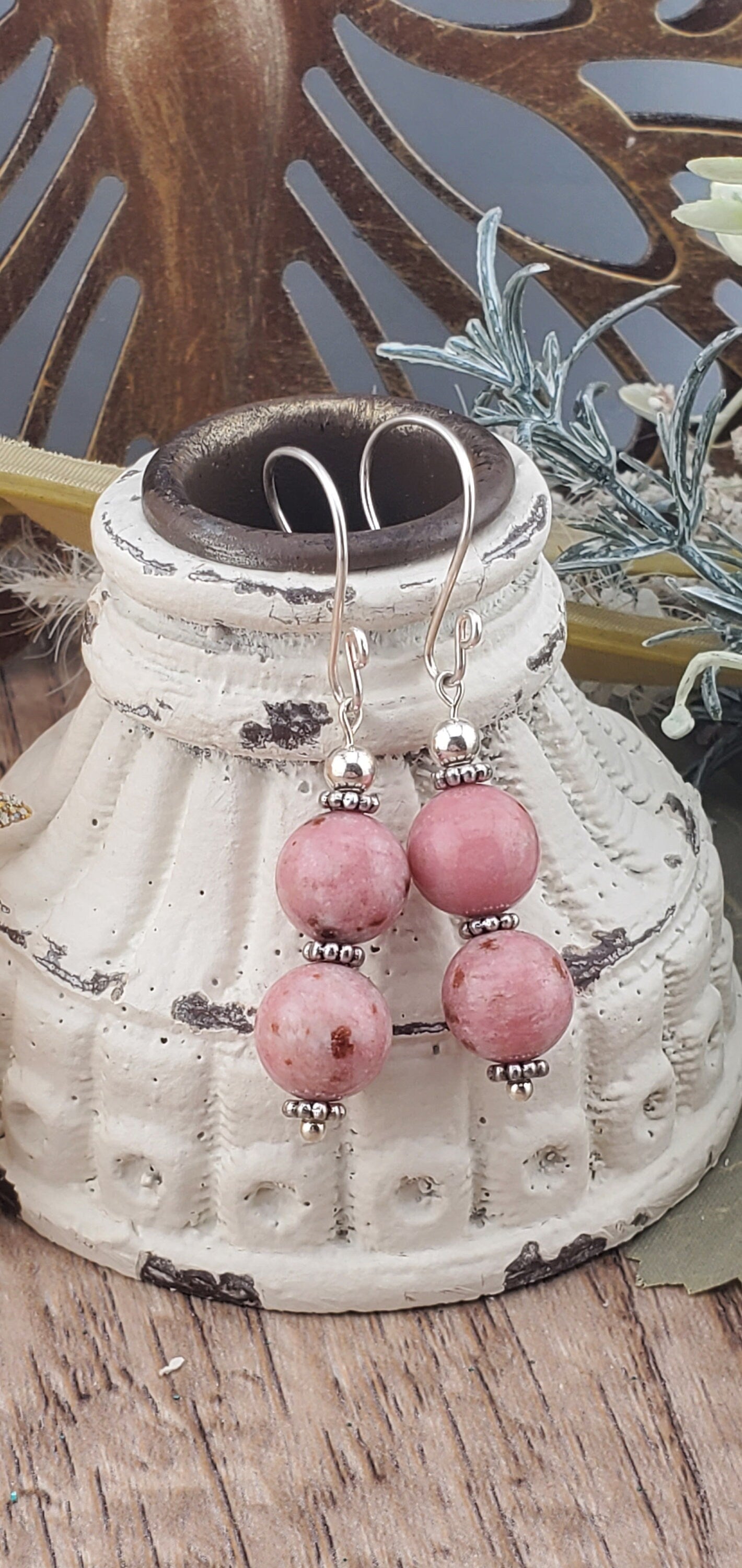 Thulite Banded 10mm Earrings, Silver Filled Earring Wire