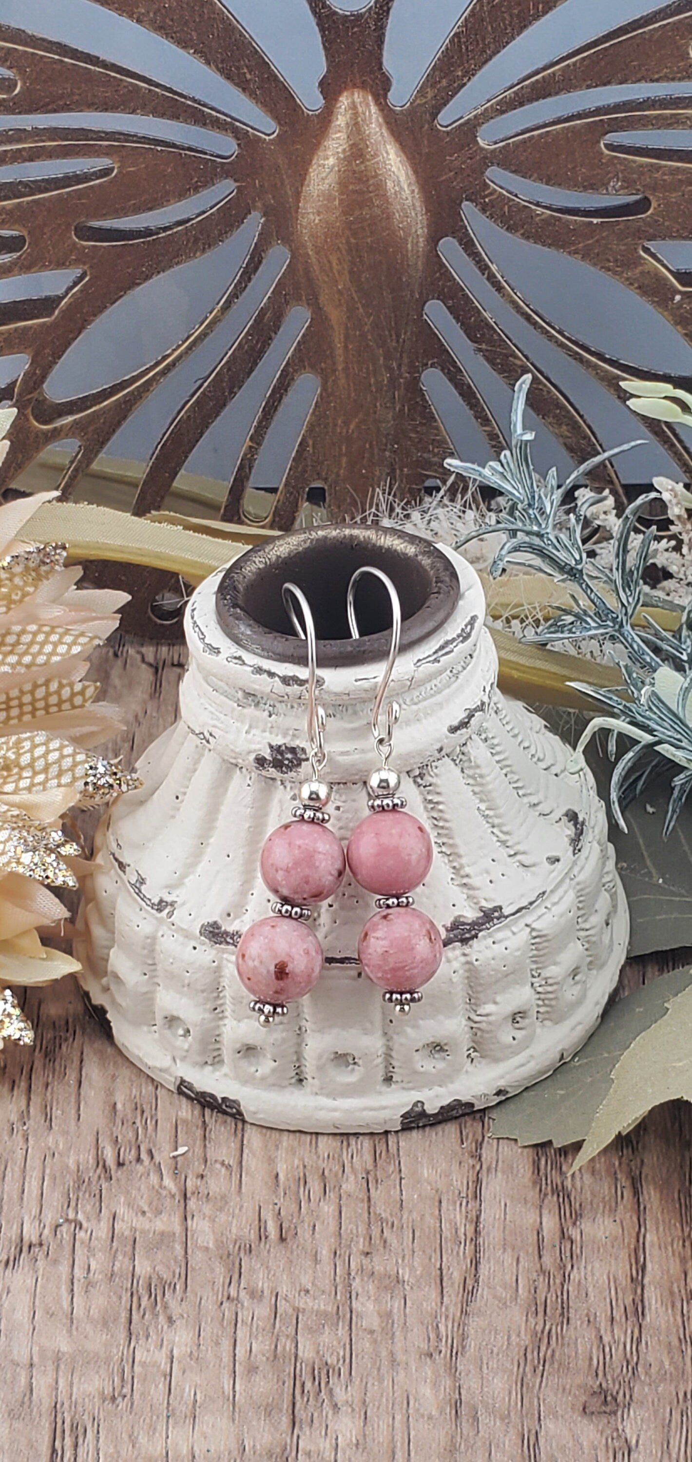 Thulite Banded 10mm Earrings, Silver Filled Earring Wire