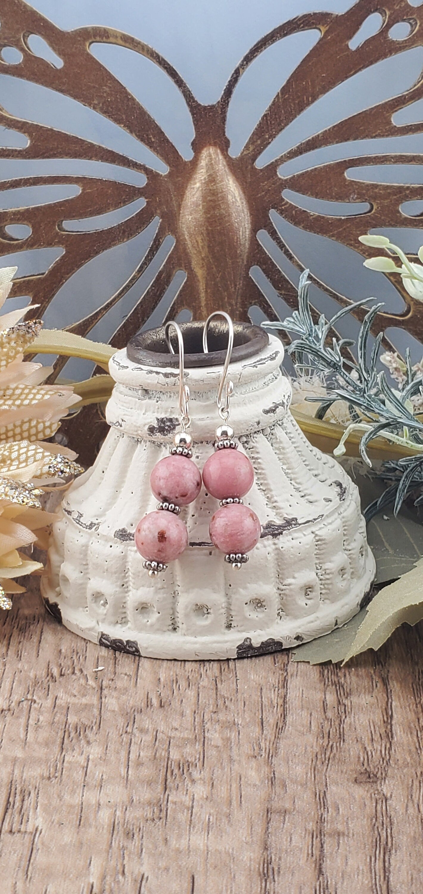 Thulite Banded 10mm Earrings, Silver Filled Earring Wire