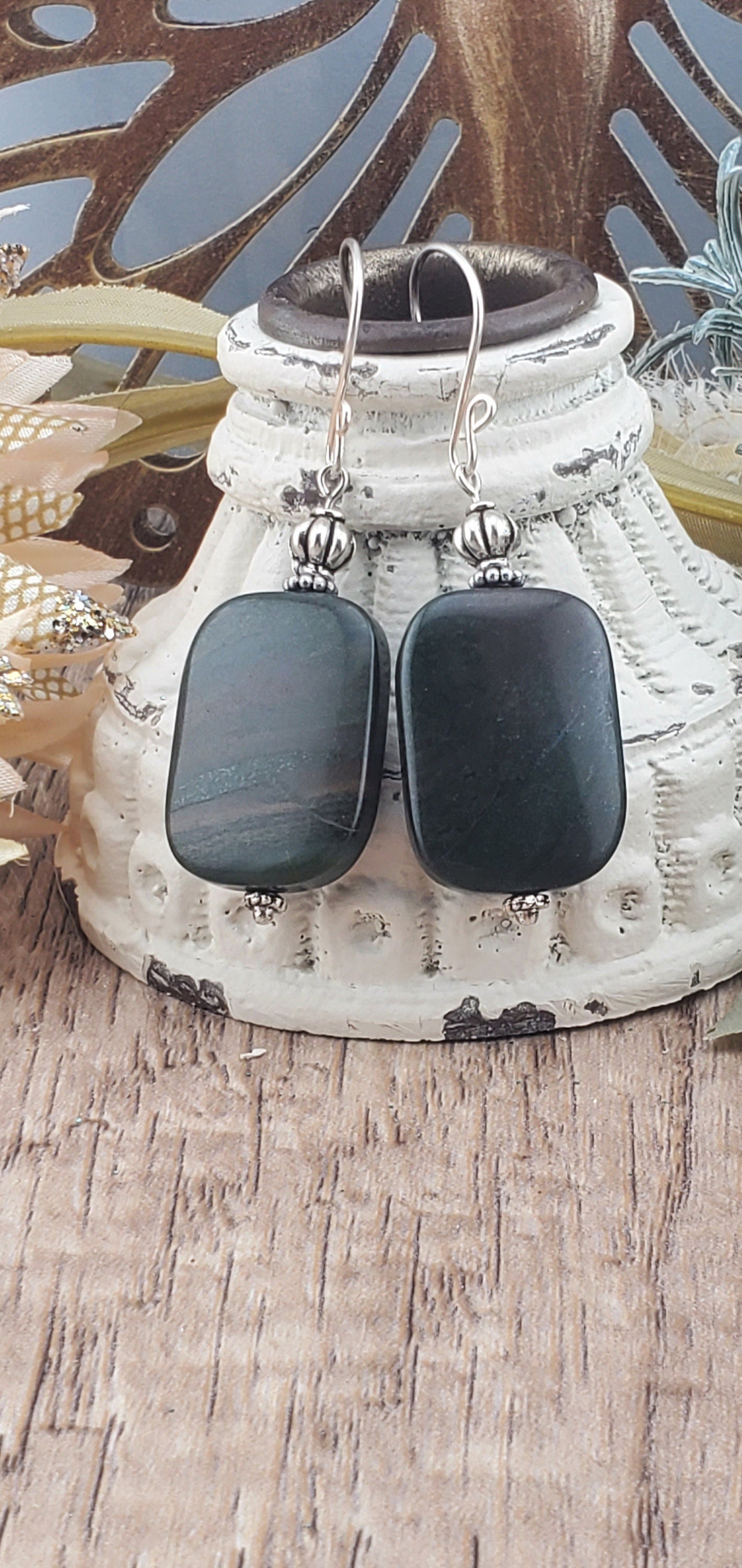 African Grey Jasper Earrings, Silver Filled Earring Wire