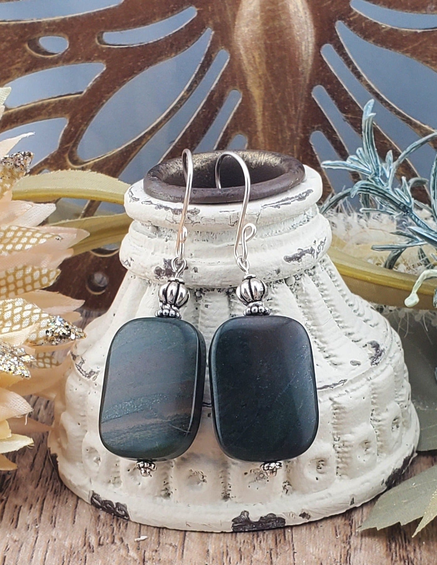 African Grey Jasper Earrings, Silver Filled Earring Wire