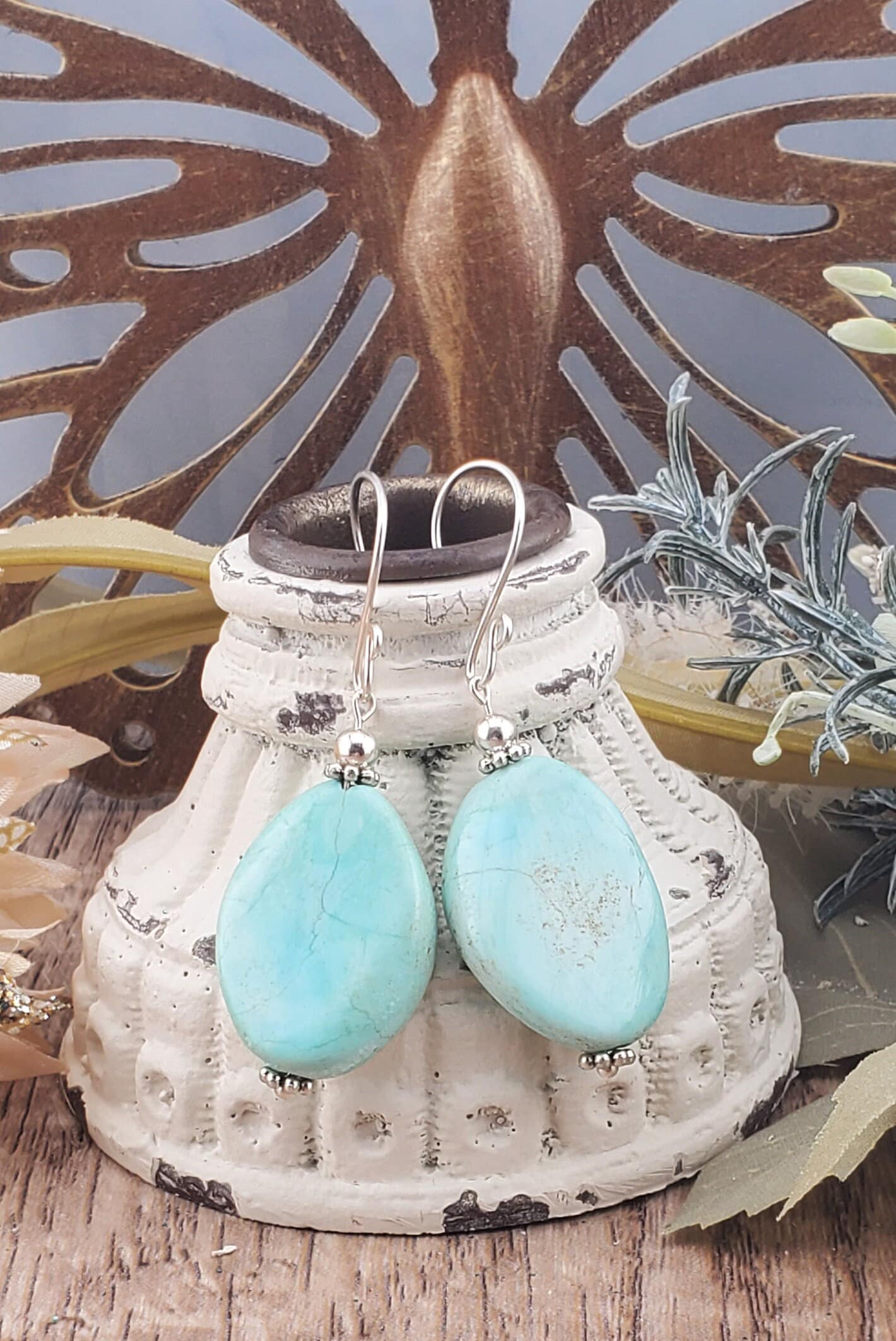 Terra Agate 16x22mm Earrings, Silver Filled Earring Wire