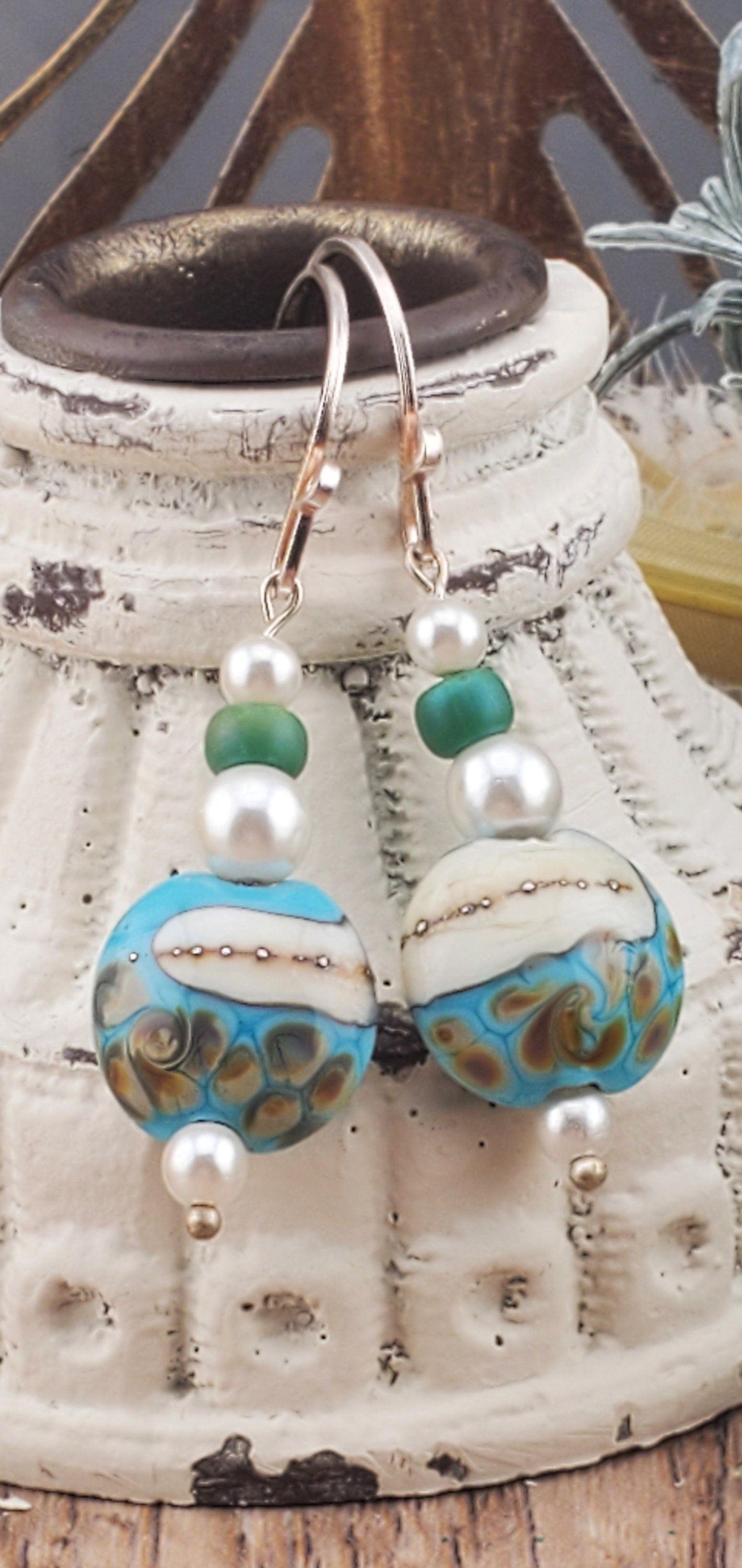 Sandy Shore Artisan Glass Earrings, Lampwork Glass Bead by Grace Lampwork Beads, Silver Filled Earring Wire