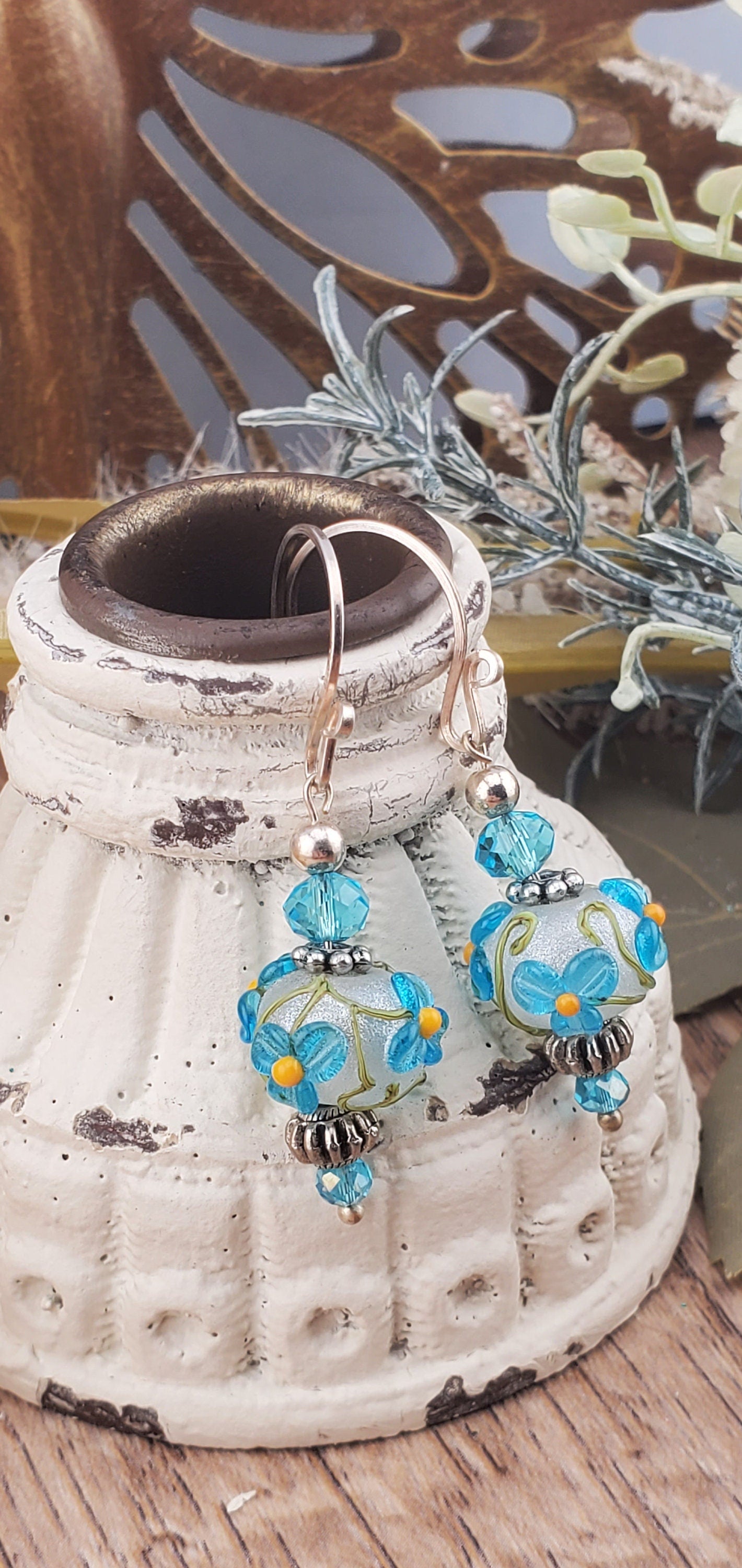 Garden Blooms Artisan Glass Earrings, Lampwork Glass Bead by Grace Lampwork Beads, Silver Filled Earring Wire