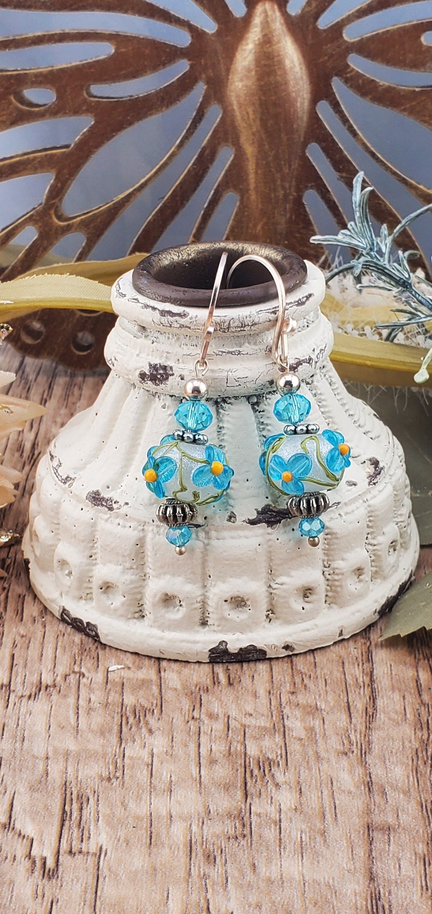 Garden Blooms Artisan Glass Earrings, Lampwork Glass Bead by Grace Lampwork Beads, Silver Filled Earring Wire