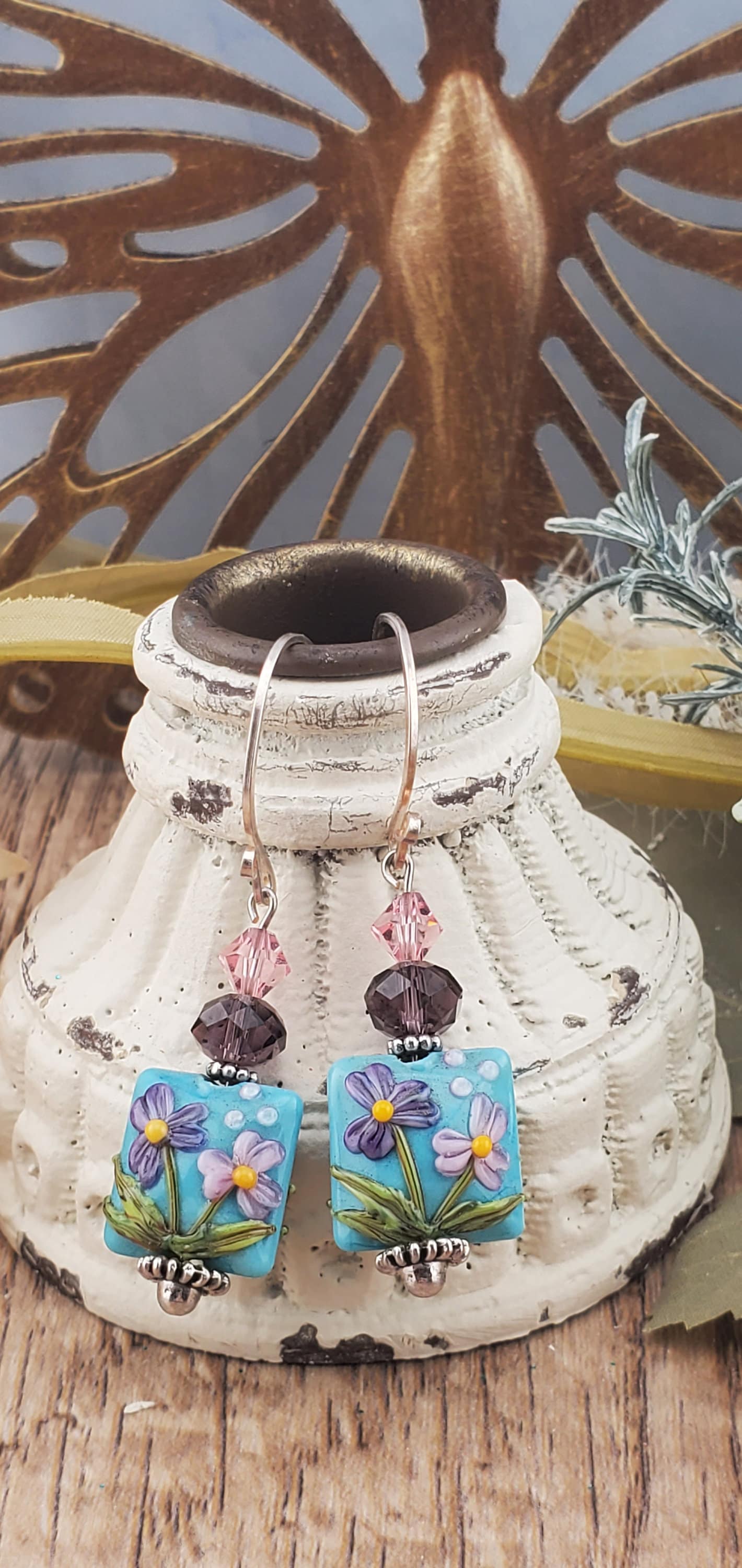 Spring Blossoms Artisan Glass Earrings, Lampwork Glass Bead by Grace Lampwork Beads, Silver Filled Earring Wire