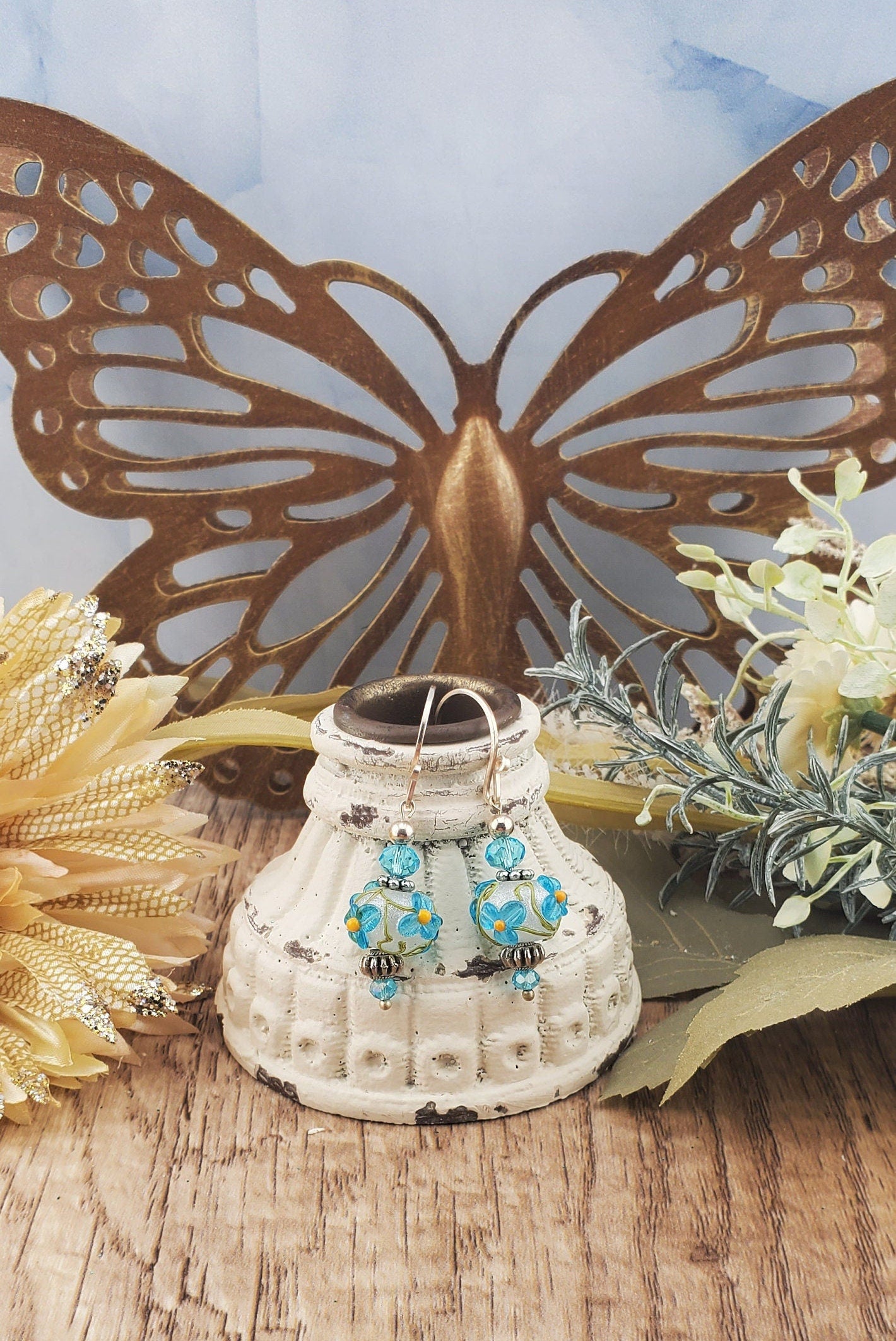 Garden Blooms Artisan Glass Earrings, Lampwork Glass Bead by Grace Lampwork Beads, Silver Filled Earring Wire