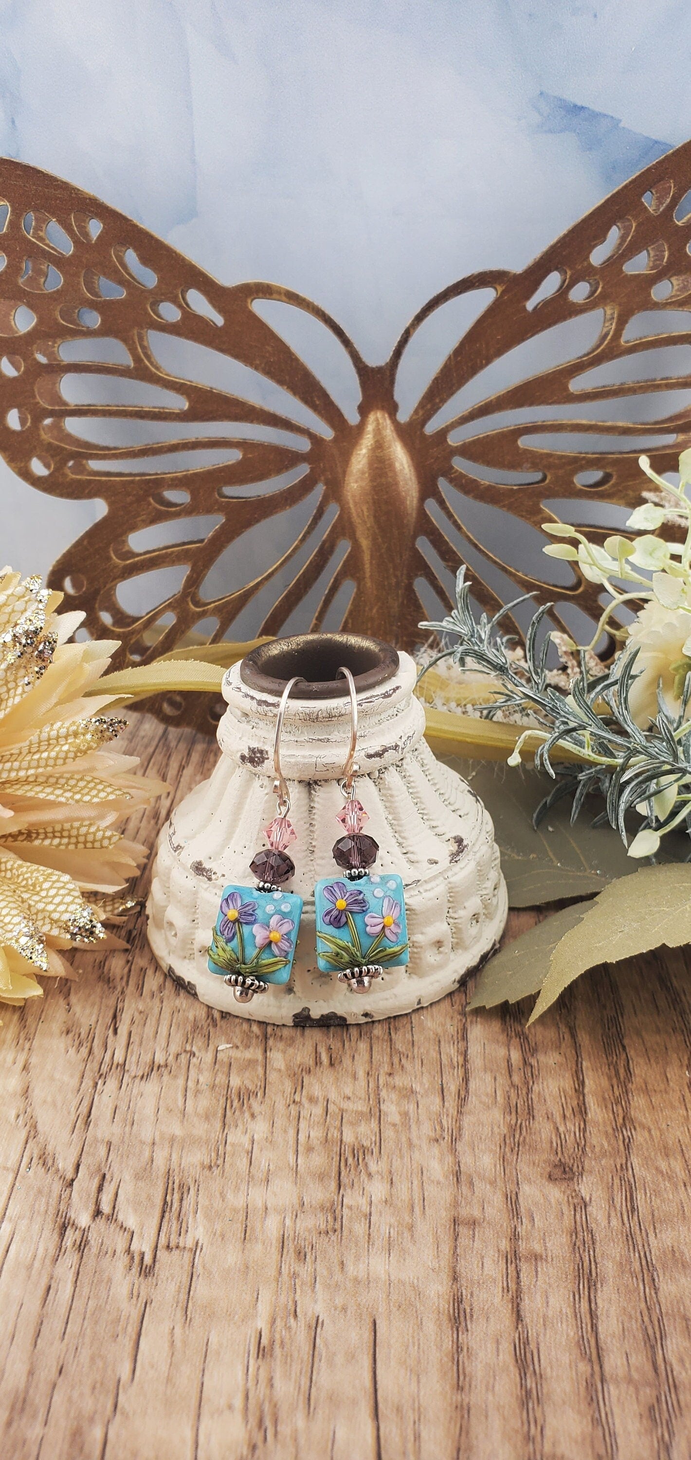 Spring Blossoms Artisan Glass Earrings, Lampwork Glass Bead by Grace Lampwork Beads, Silver Filled Earring Wire