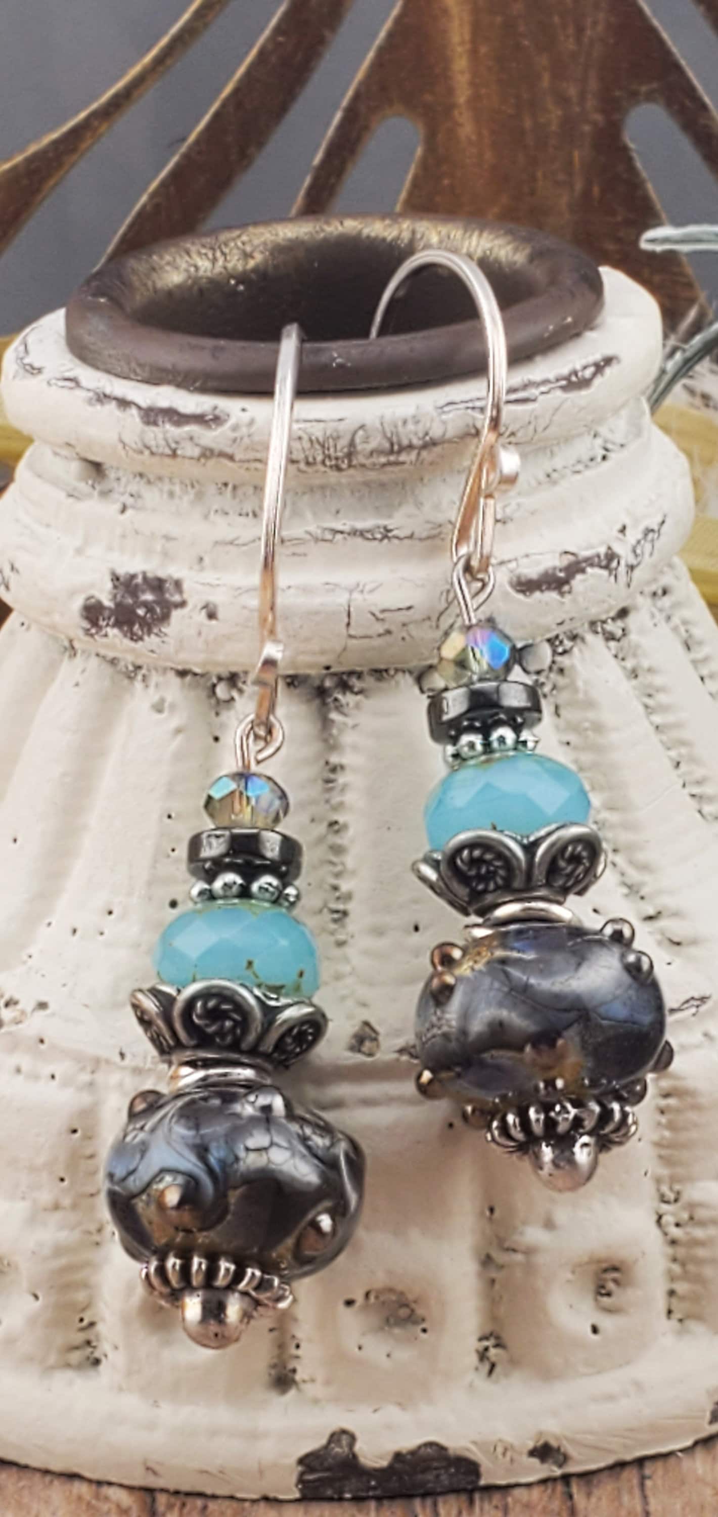 Calm before the Storm Artisan Glass Earrings, Lampwork Glass Bead by Grace Lampwork Beads, Silver Filled Earring Wire