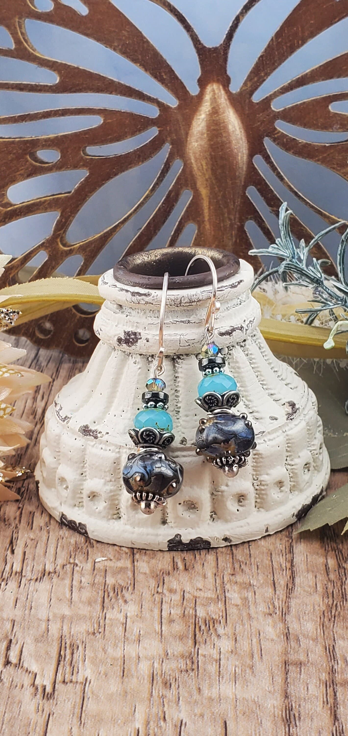 Calm before the Storm Artisan Glass Earrings, Lampwork Glass Bead by Grace Lampwork Beads, Silver Filled Earring Wire
