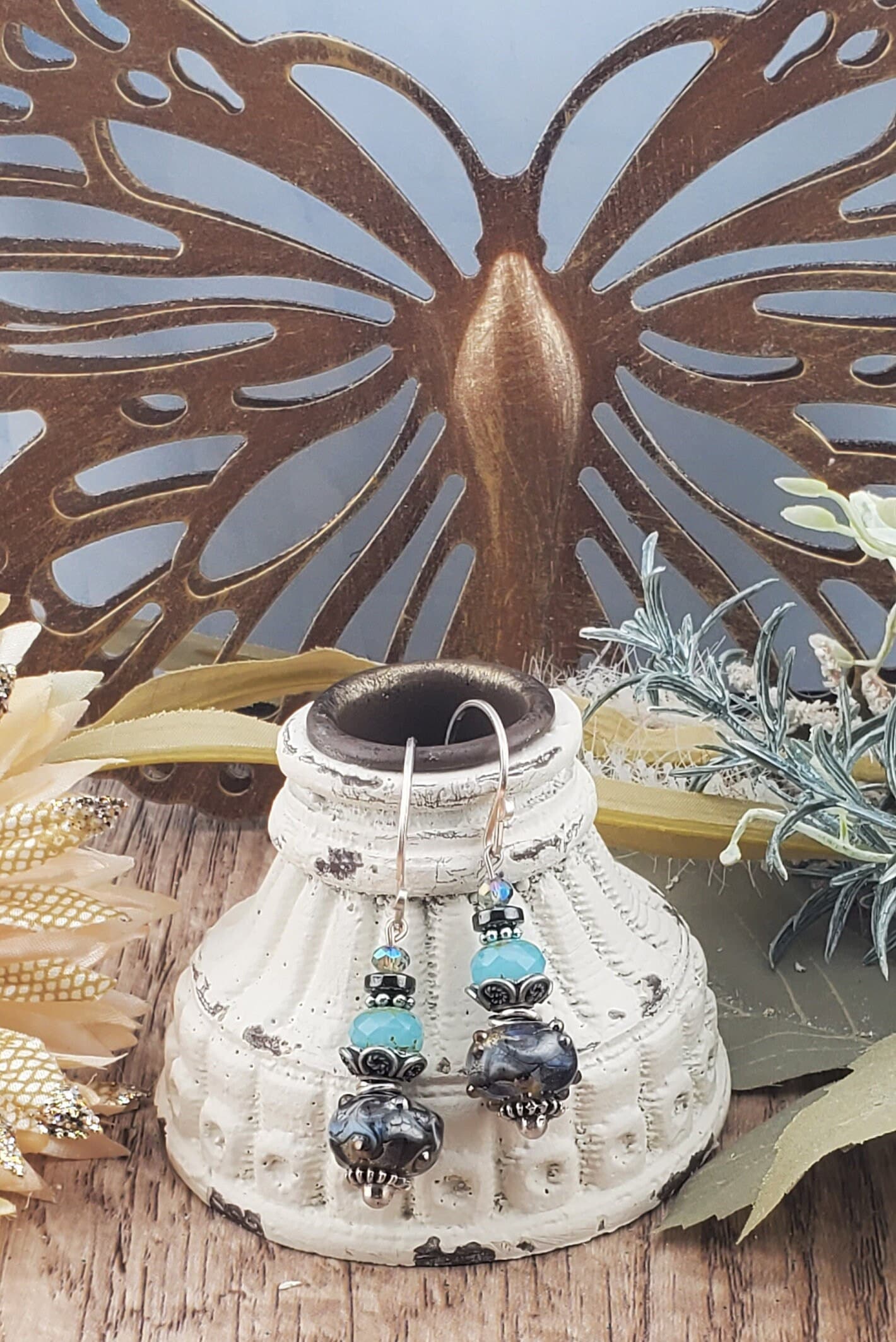 Calm before the Storm Artisan Glass Earrings, Lampwork Glass Bead by Grace Lampwork Beads, Silver Filled Earring Wire