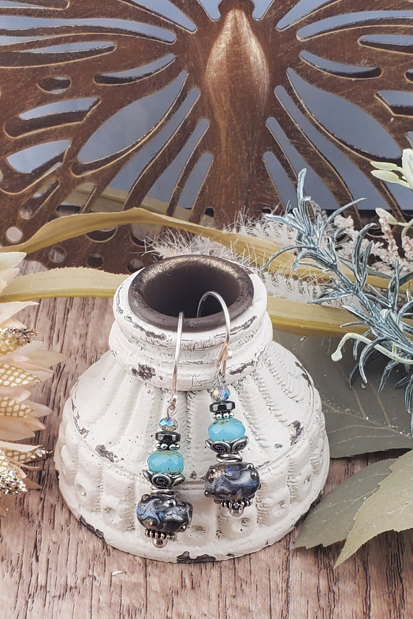 Calm before the Storm Artisan Glass Earrings, Lampwork Glass Bead by Grace Lampwork Beads, Silver Filled Earring Wire