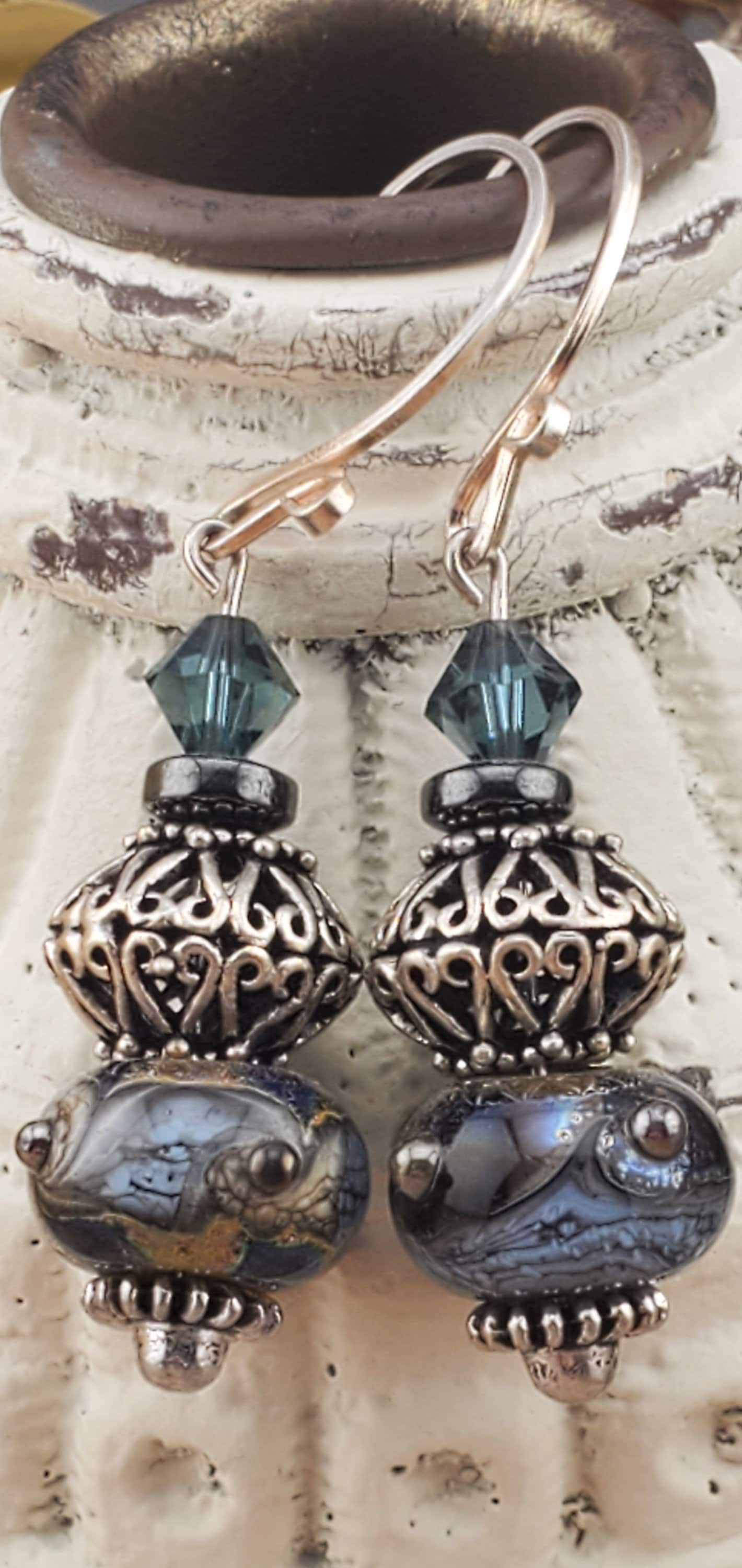 Stormy night Artisan Glass Earrings, Lampwork Glass Bead by Grace Lampwork Beads, Silver Filled Earring Wire