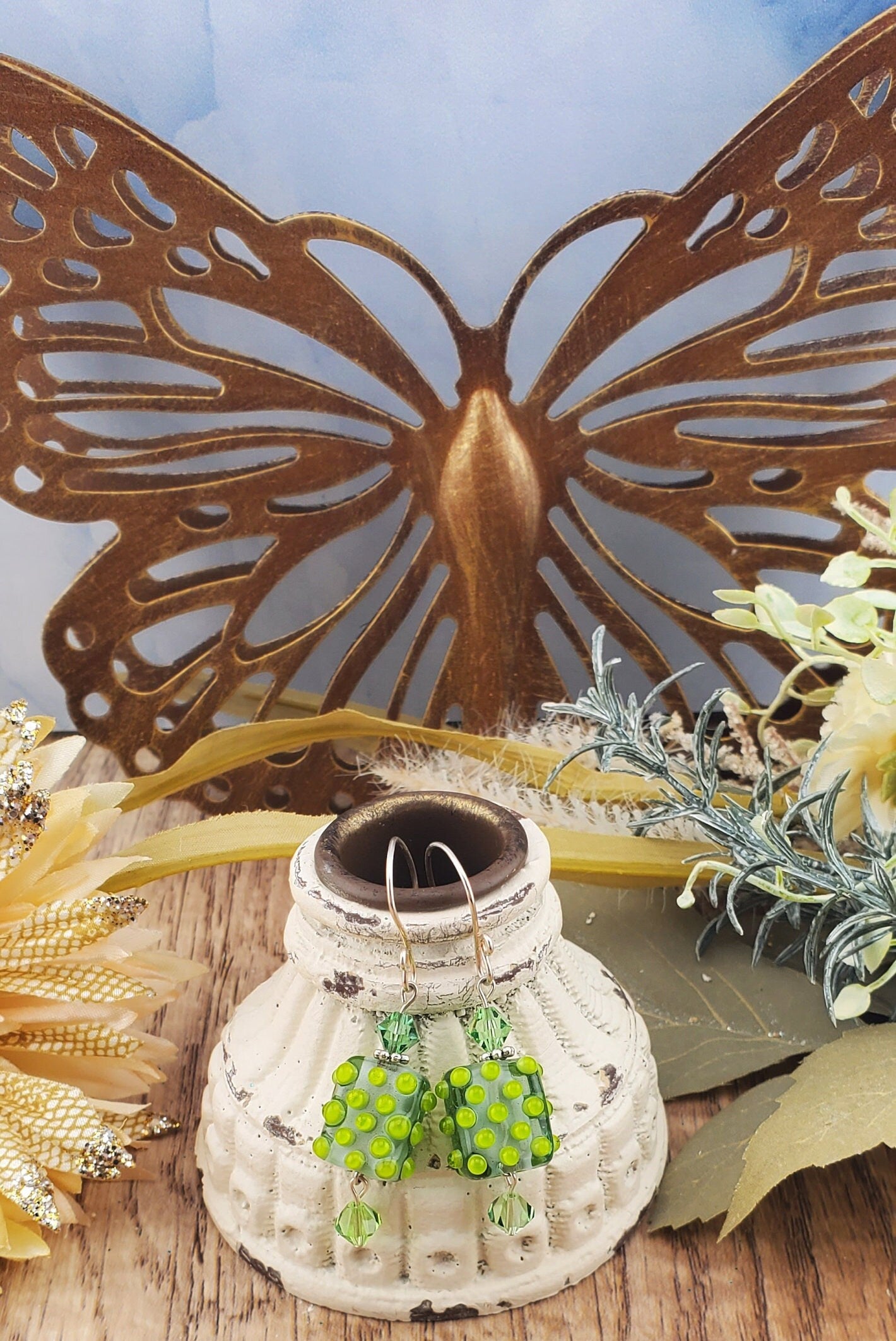 Lime All Yours Artisan Glass Earrings, Lampwork Glass Bead by Grace Lampwork Beads, Silver Filled Earring Wire