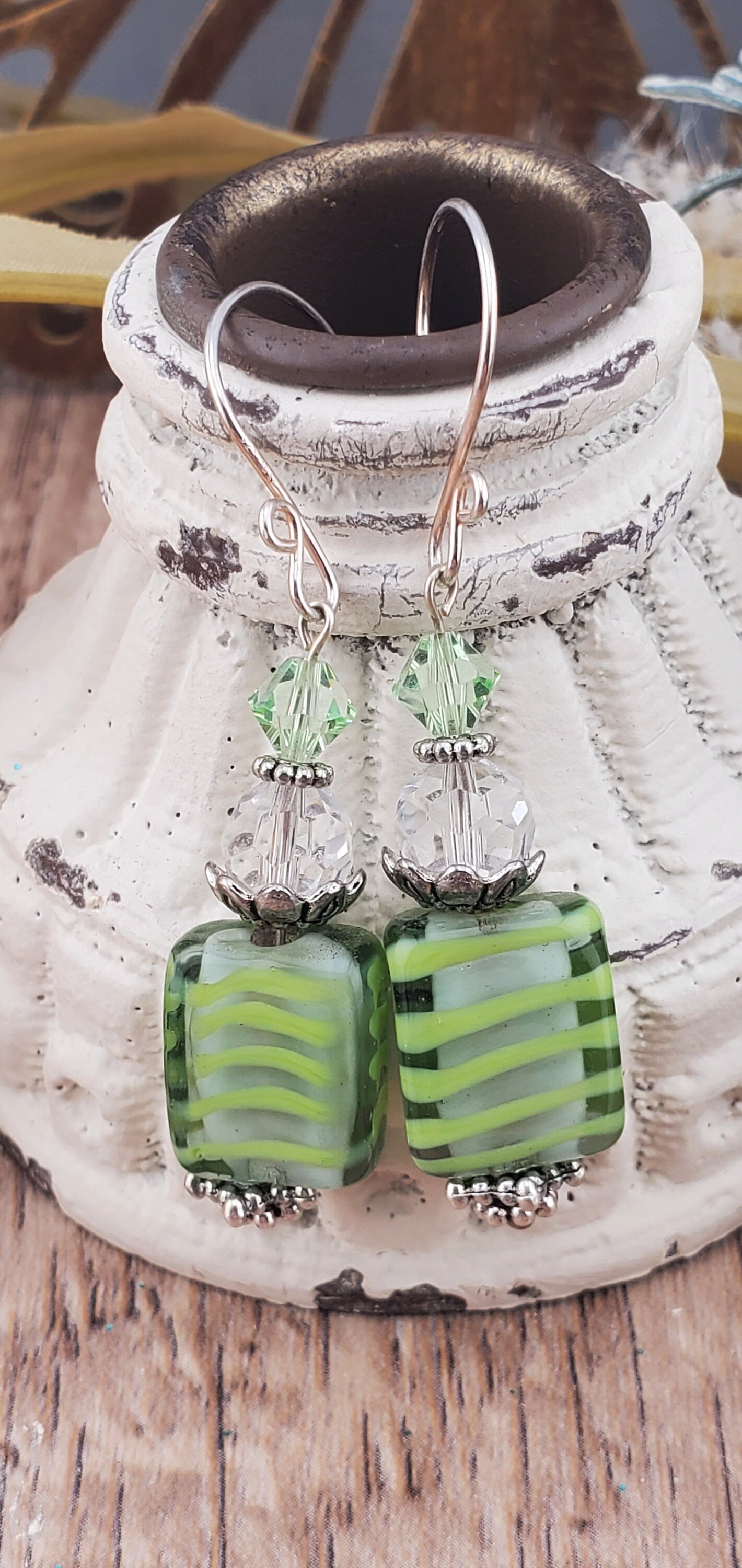 Lime Feeling Good Artisan Glass Earrings, Lampwork Glass Bead by Grace Lampwork Beads, Silver Filled Earring Wire