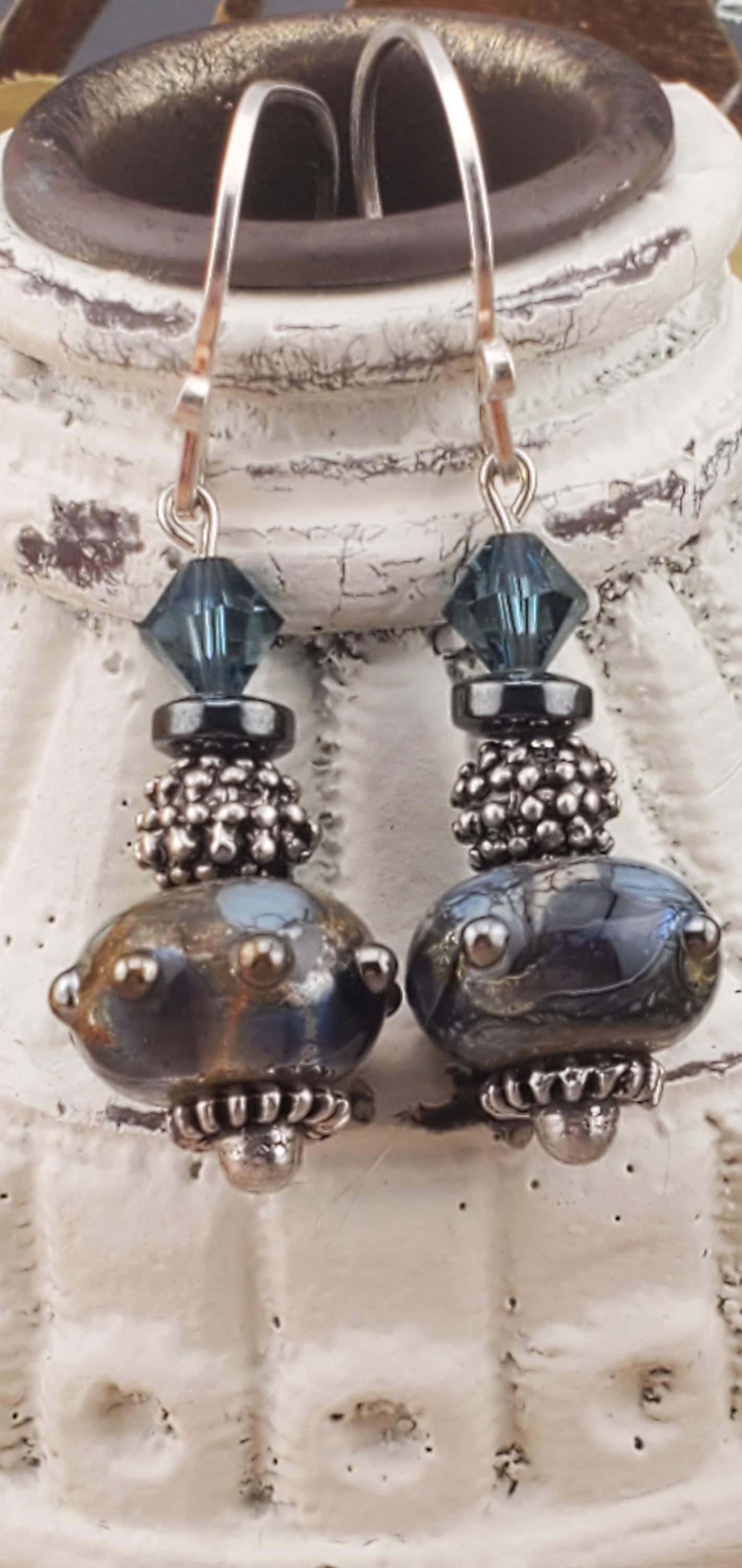 Midnight Blues Artisan Glass Earrings, Lampwork Glass Bead by Grace Lampwork Beads, Silver Filled Earring Wire