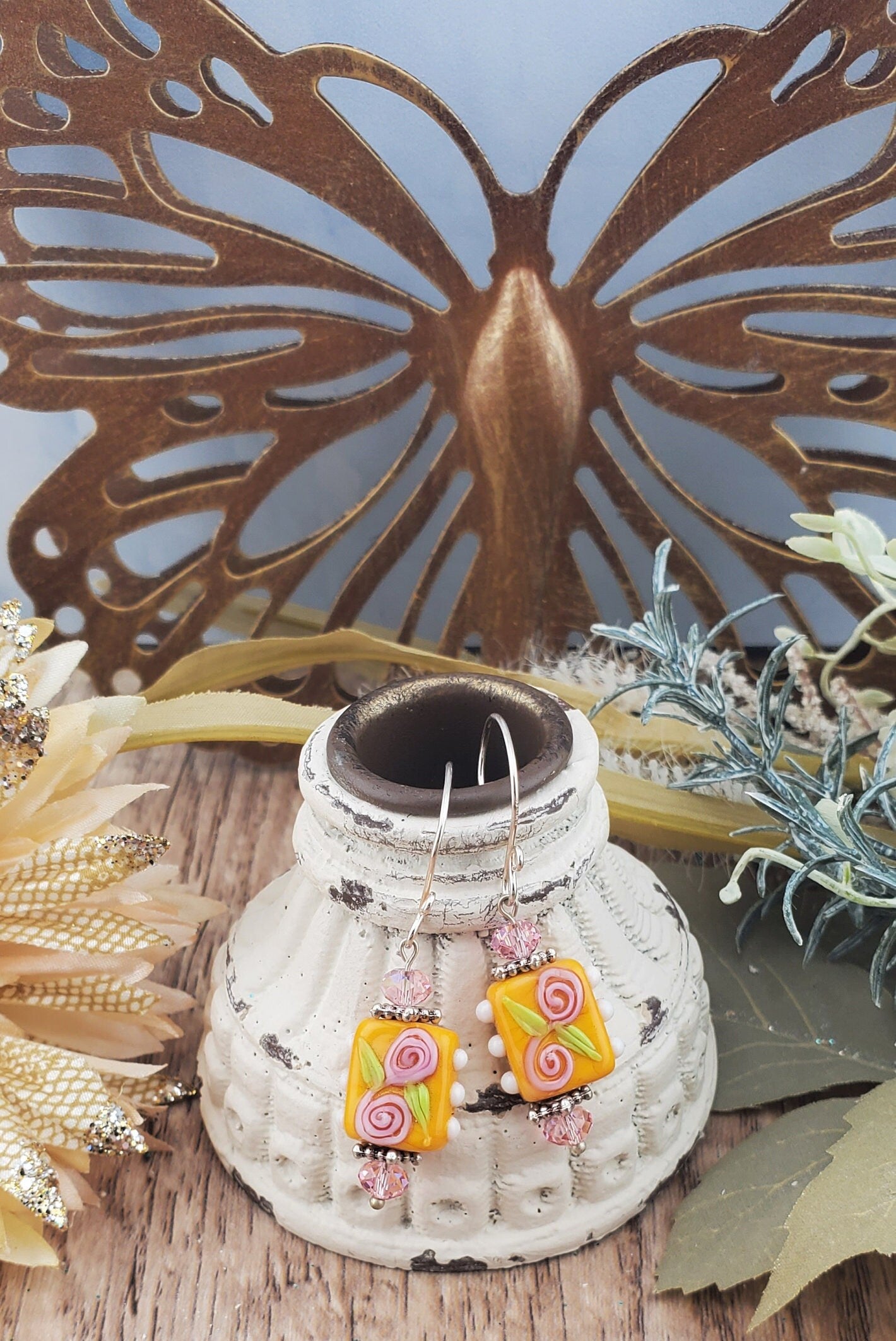 Citrus Blooms Artisan Glass Earrings, Lampwork Glass Bead by Grace Lampwork Beads, Silver Filled Earring Wire