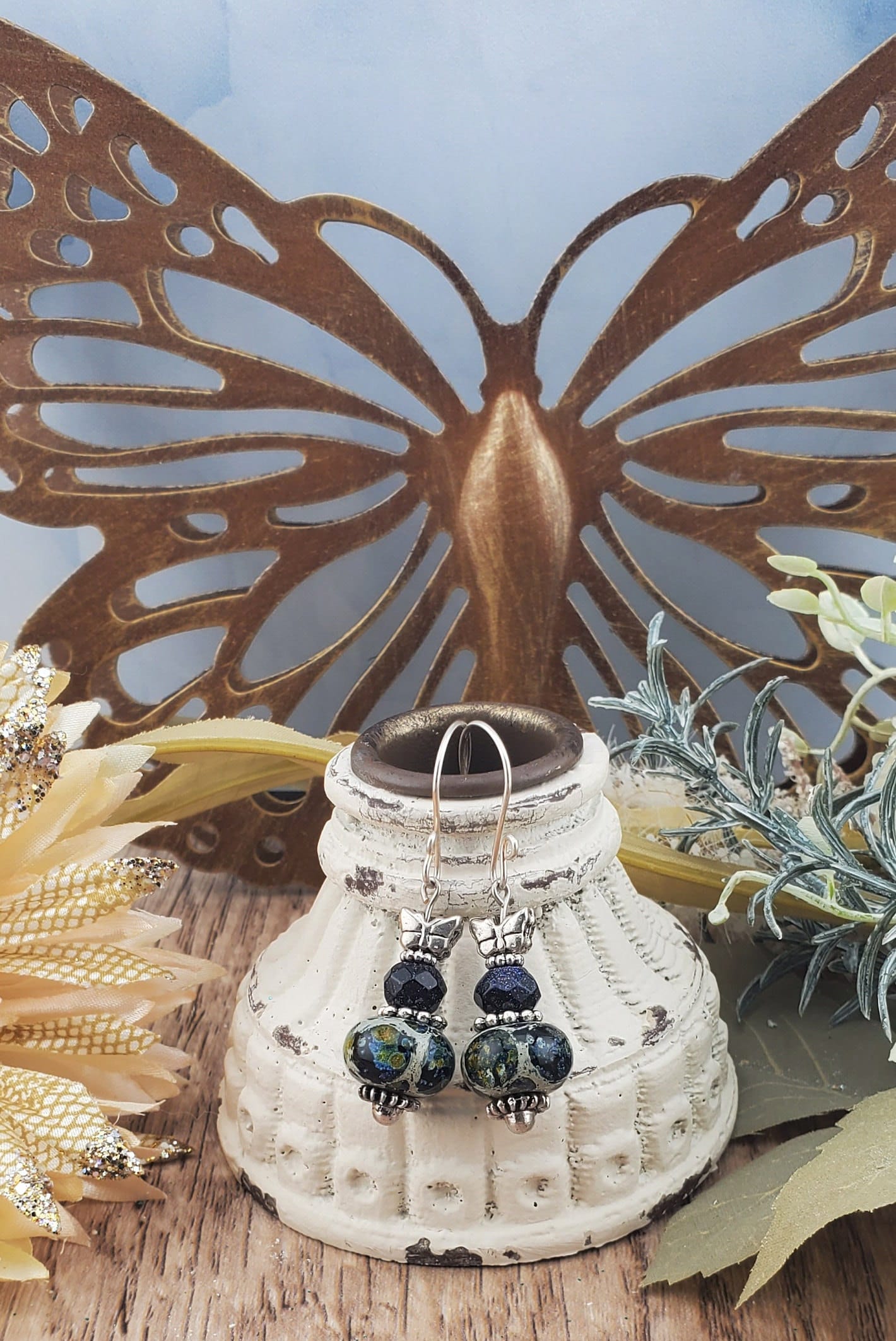 Midnight Butterfly Artisan Glass Earrings, Lampwork Glass Bead by Grace Lampwork Beads, Silver Filled Earring Wire