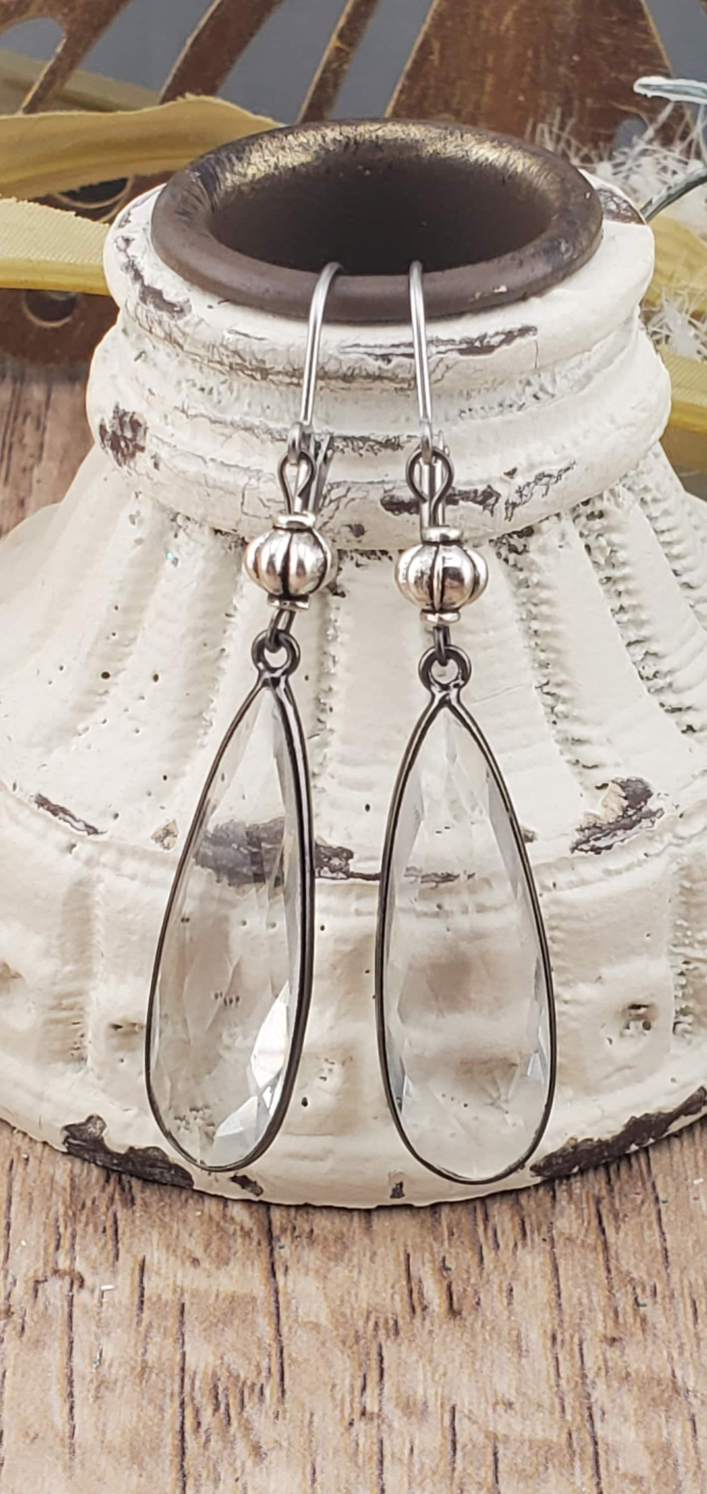 Quartz 11x 34 mm Earrings, Stainless Steel Earring Wire
