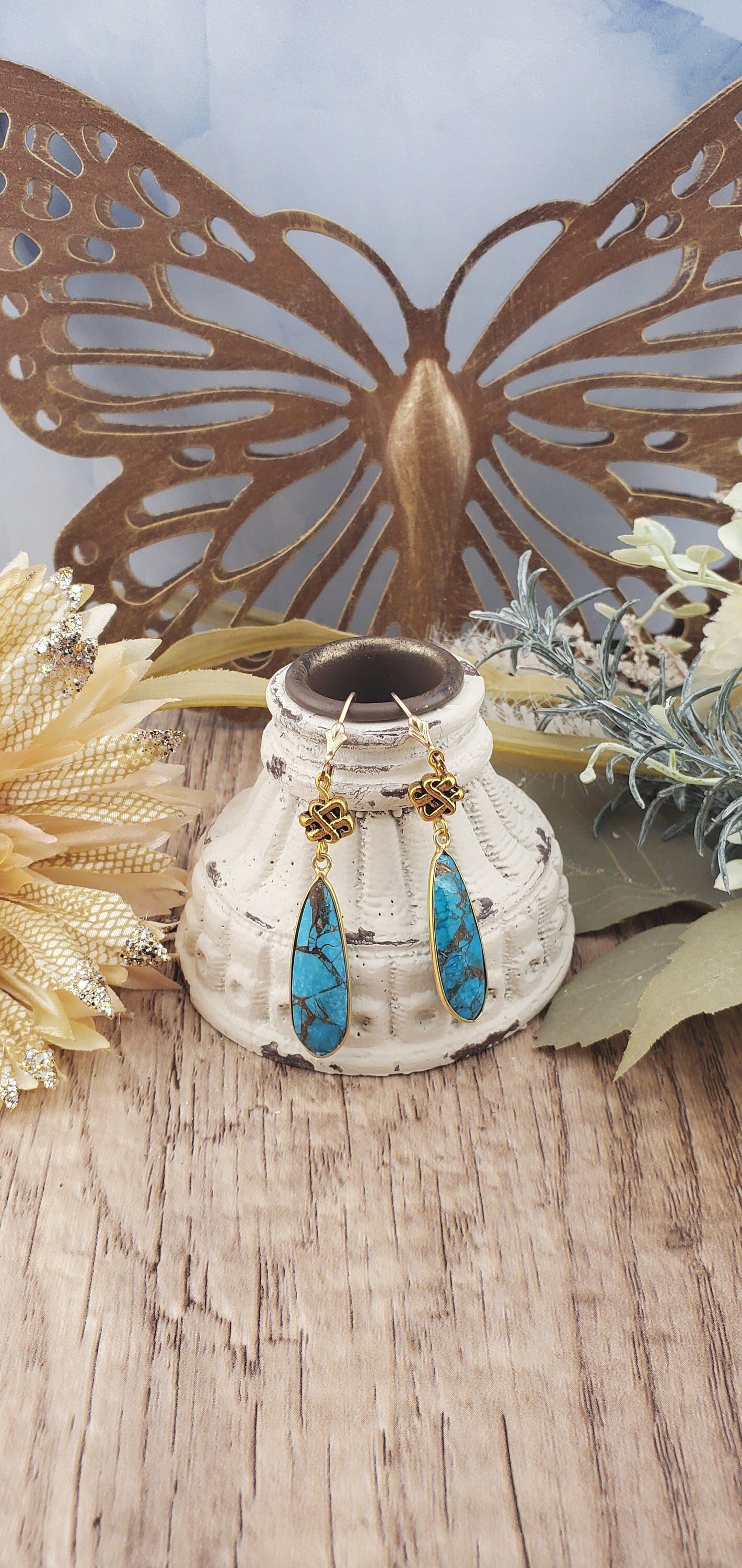 Copper Turquoise 10x32 mm Earrings, Gold Plated Earring Wire