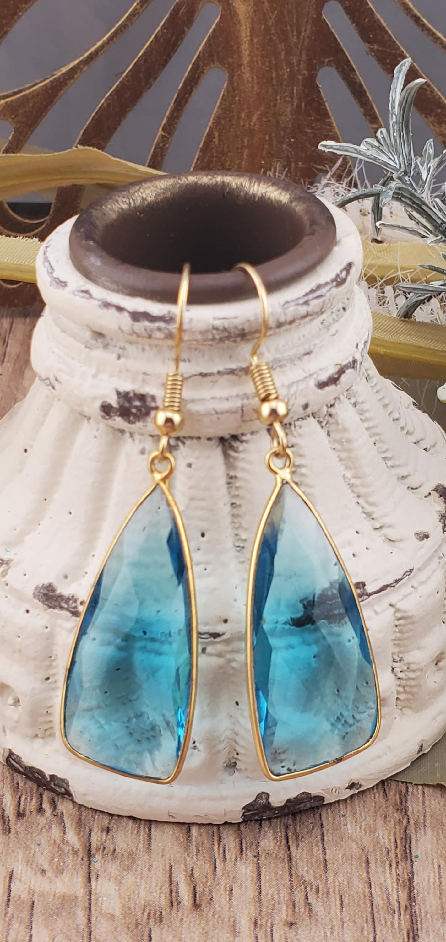 London Blue Quartz 14x34 mm Earrings, Gold Plated Earring Wire