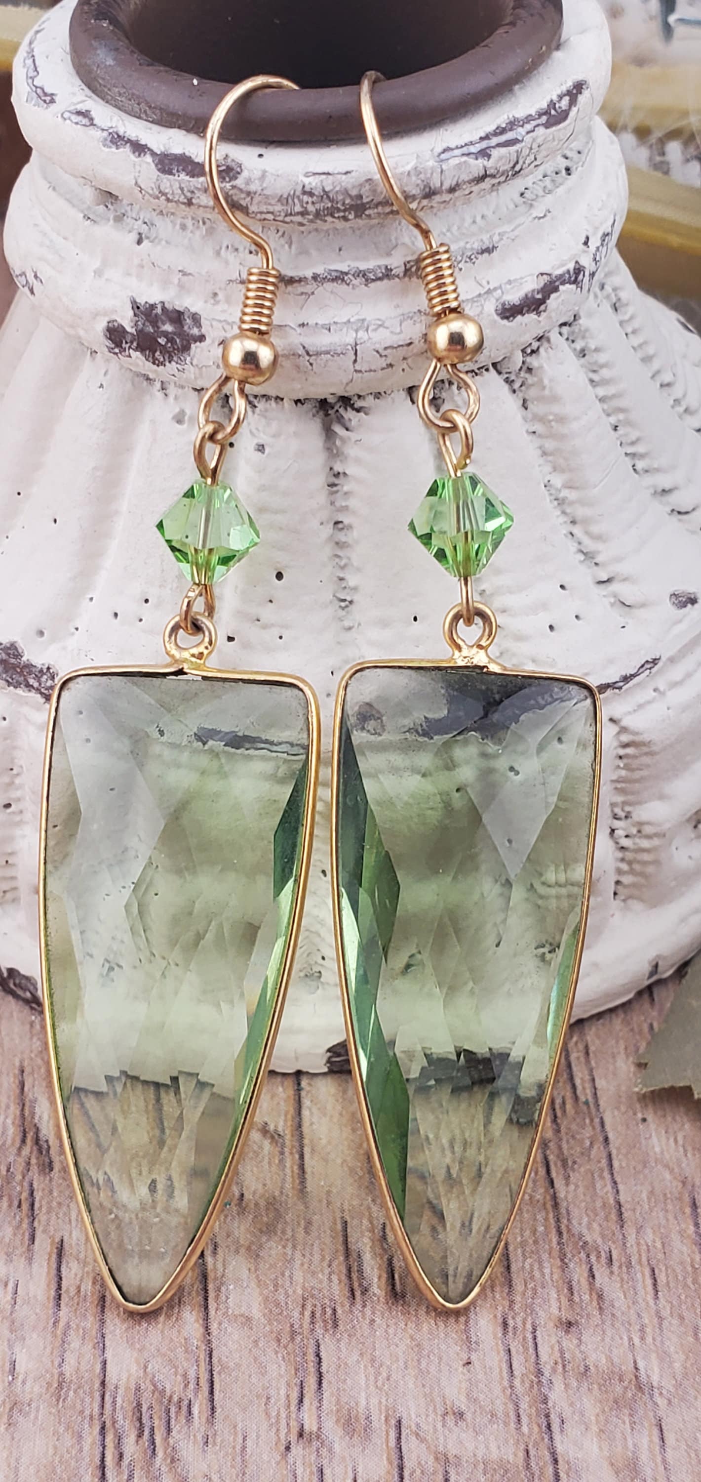 Green Amethyst 16x40 mm Earrings, Gold Plated Earring Wire