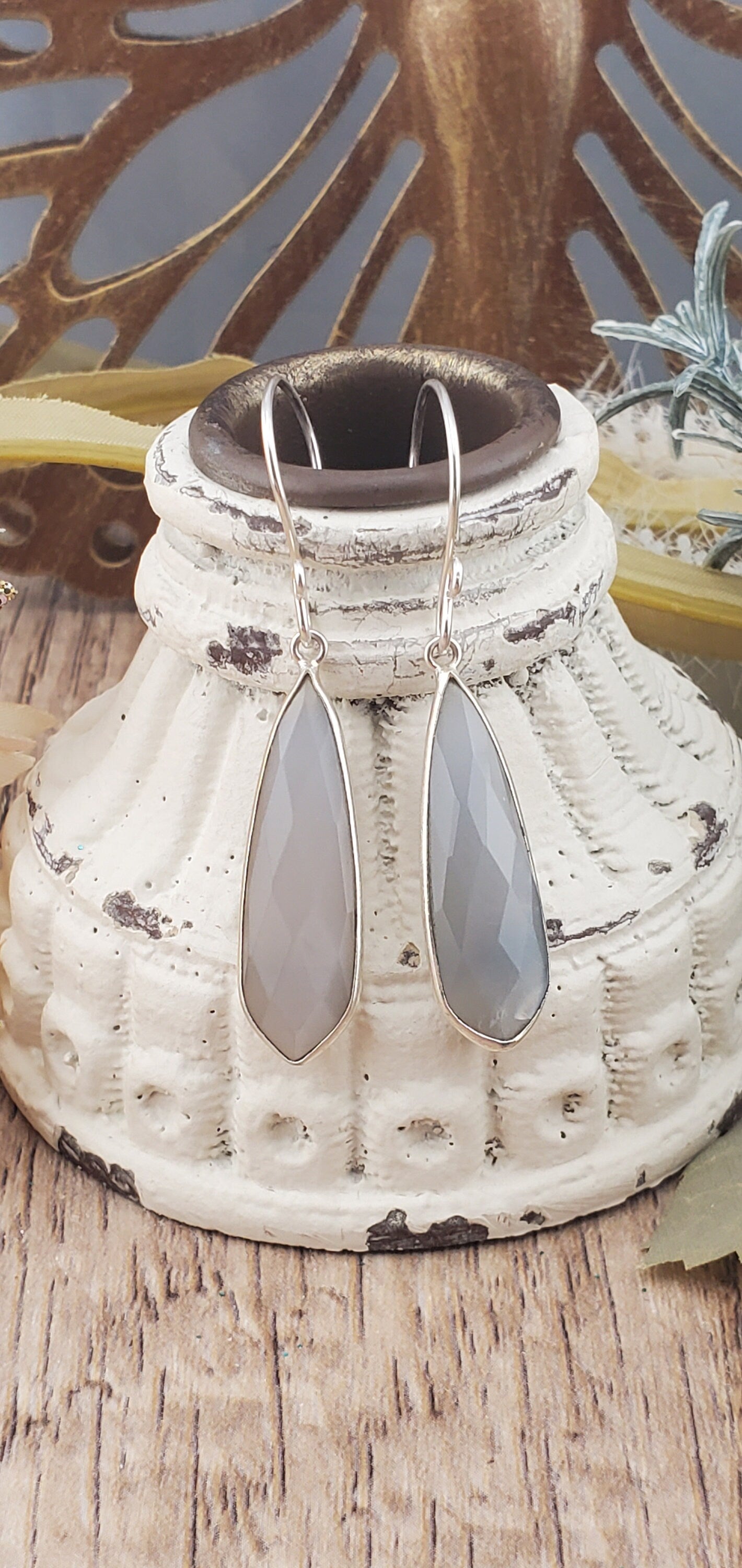Grey Moonstone 10x32mm Earrings, Silver Filled Earring Wire