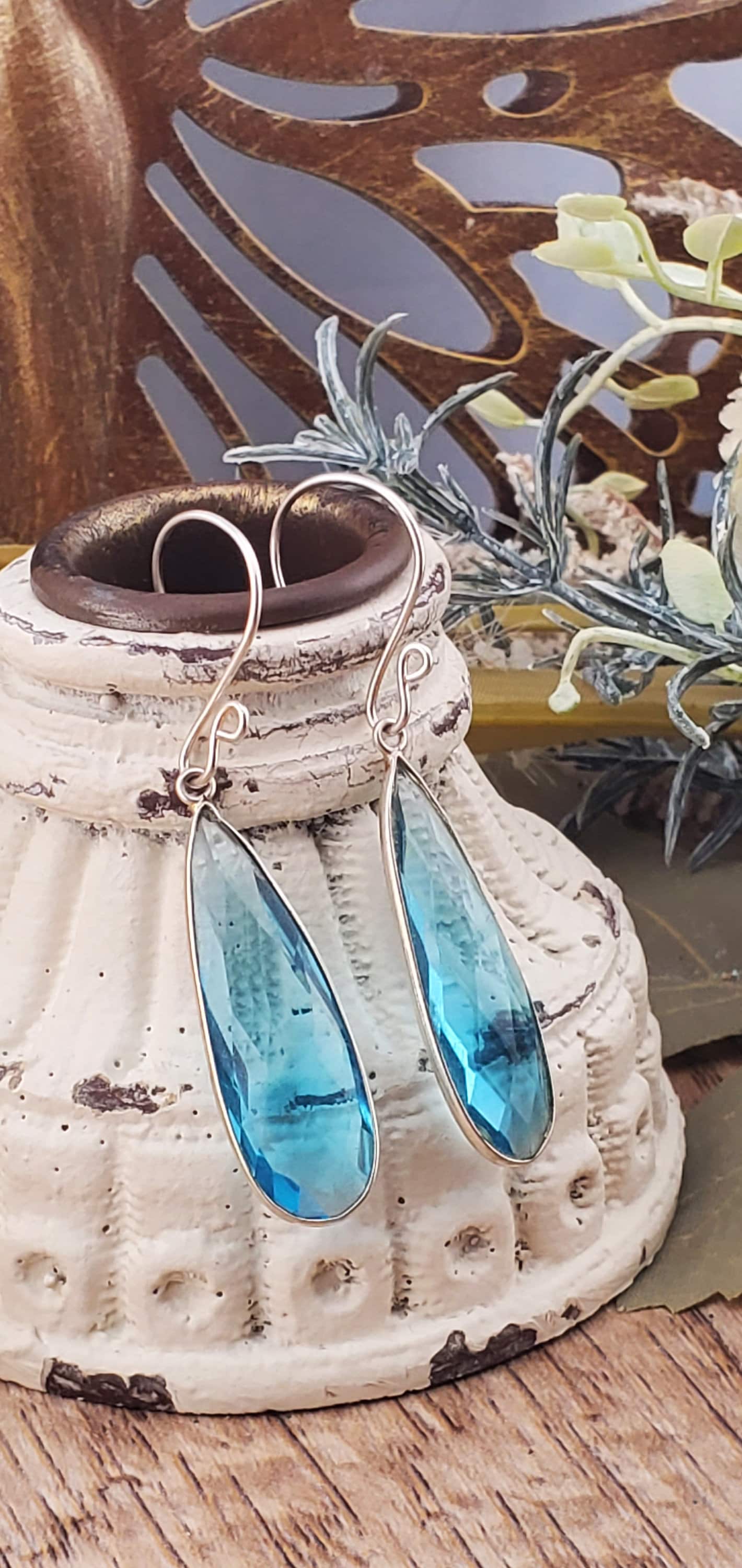 Sky Blue Quartz 11x35 mm Earrings, Silver Filled Earring Wire