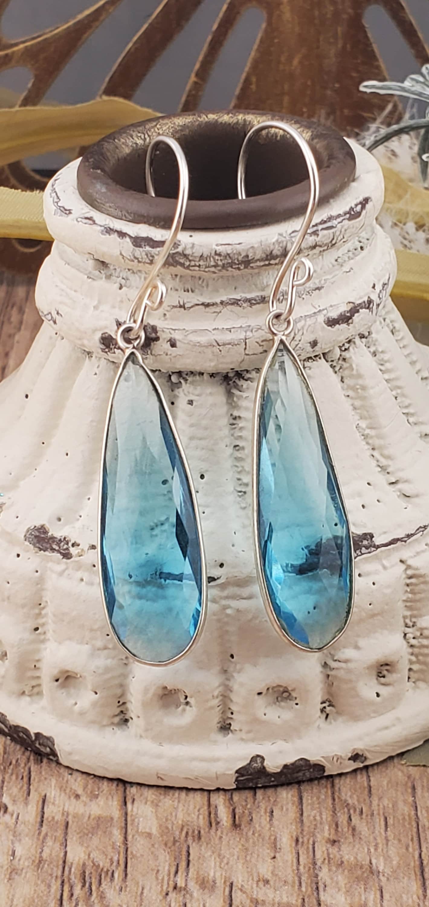 Sky Blue Quartz 11x35 mm Earrings, Silver Filled Earring Wire