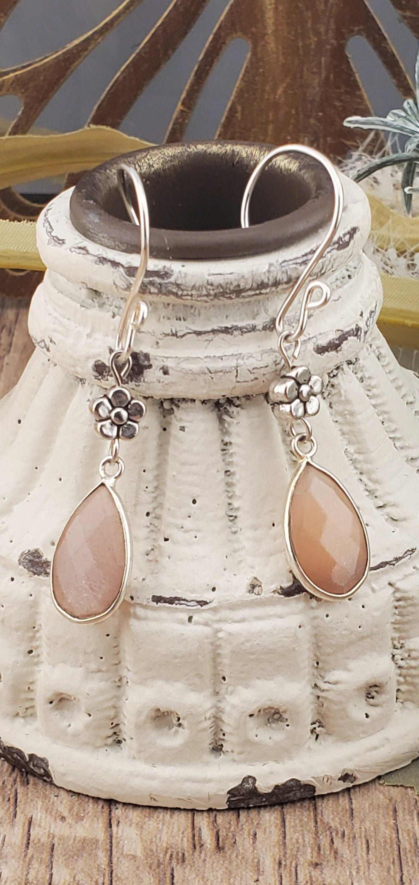 Peach Moonstone 9x18mm Earrings, Silver Filled Earring Wire