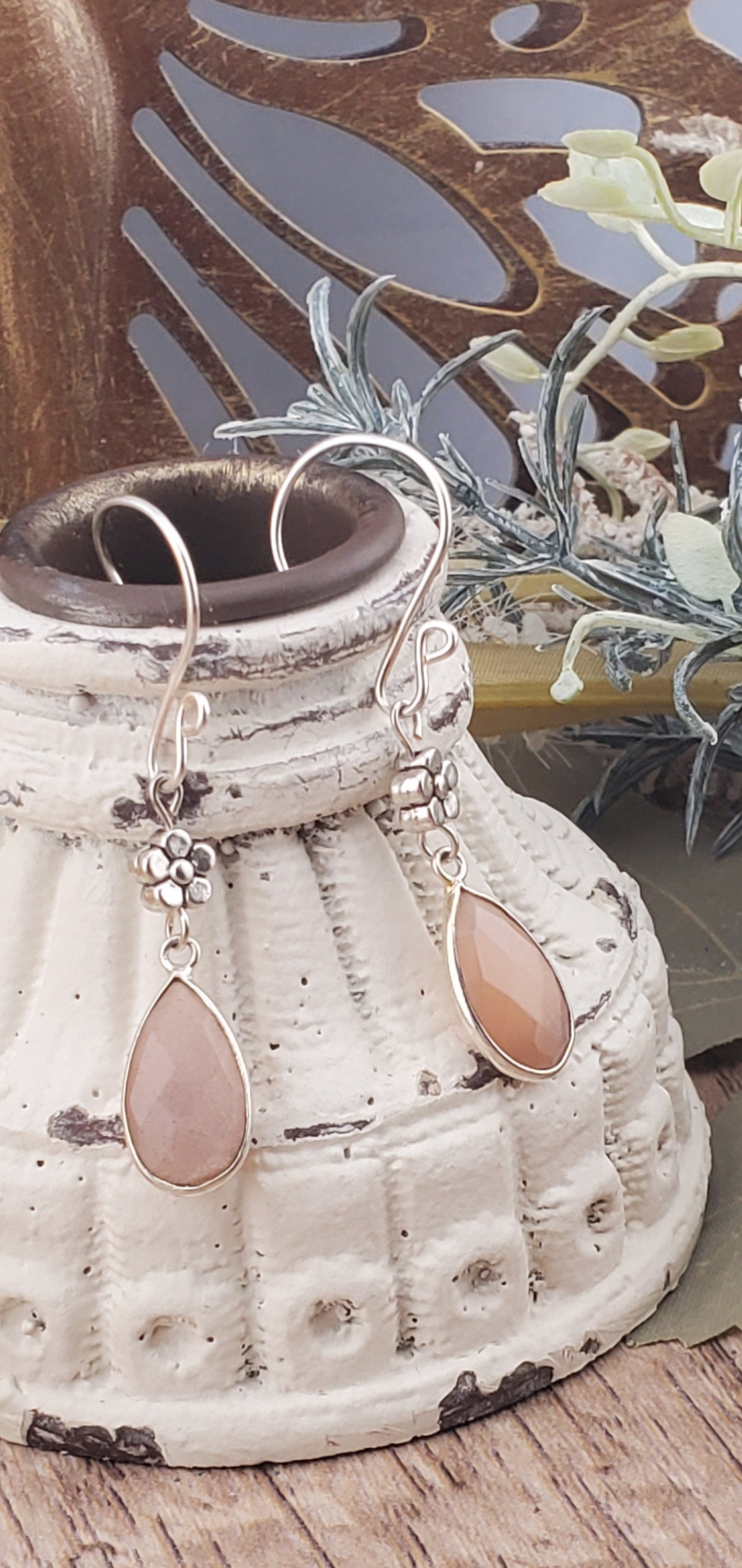 Peach Moonstone 9x18mm Earrings, Silver Filled Earring Wire