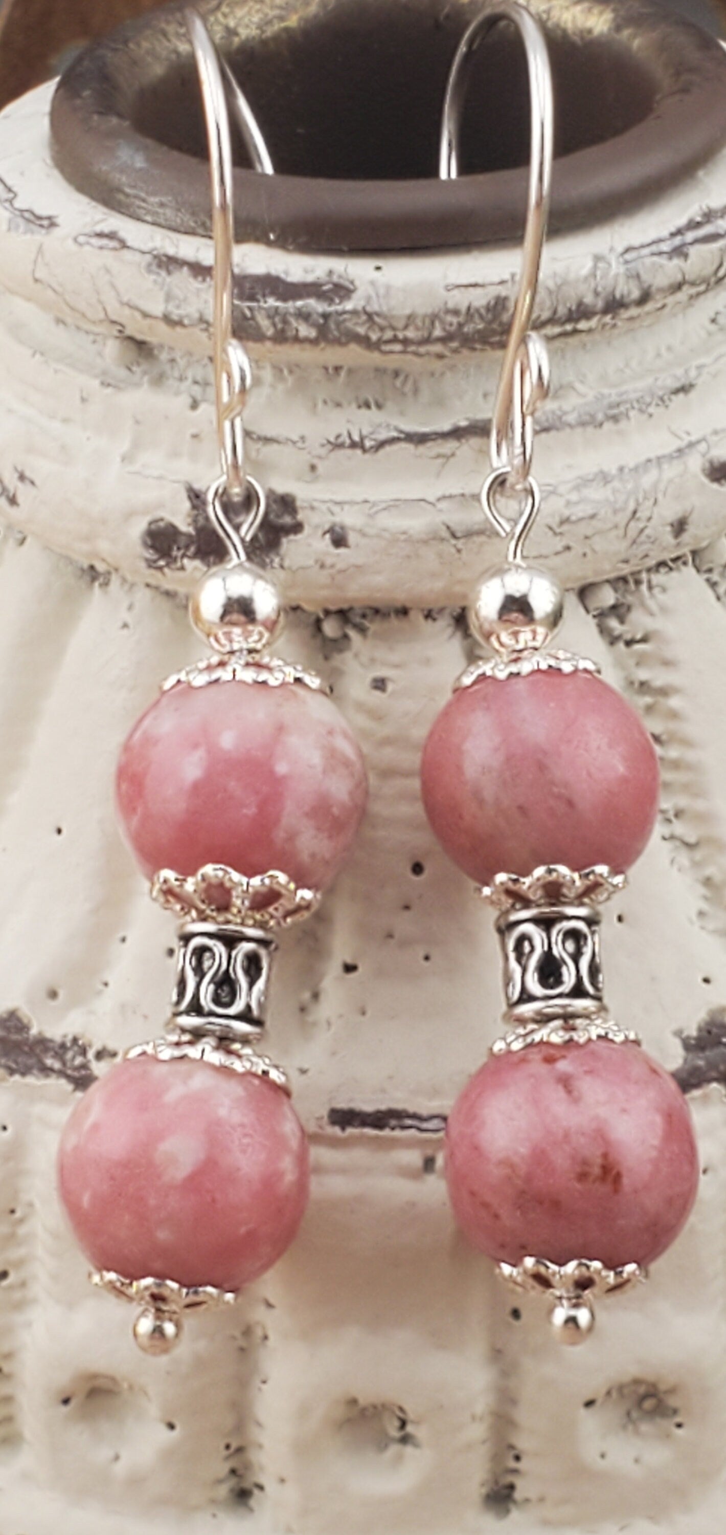 Thulite Banded 10mm Earrings, Silver Filled Earring Wire