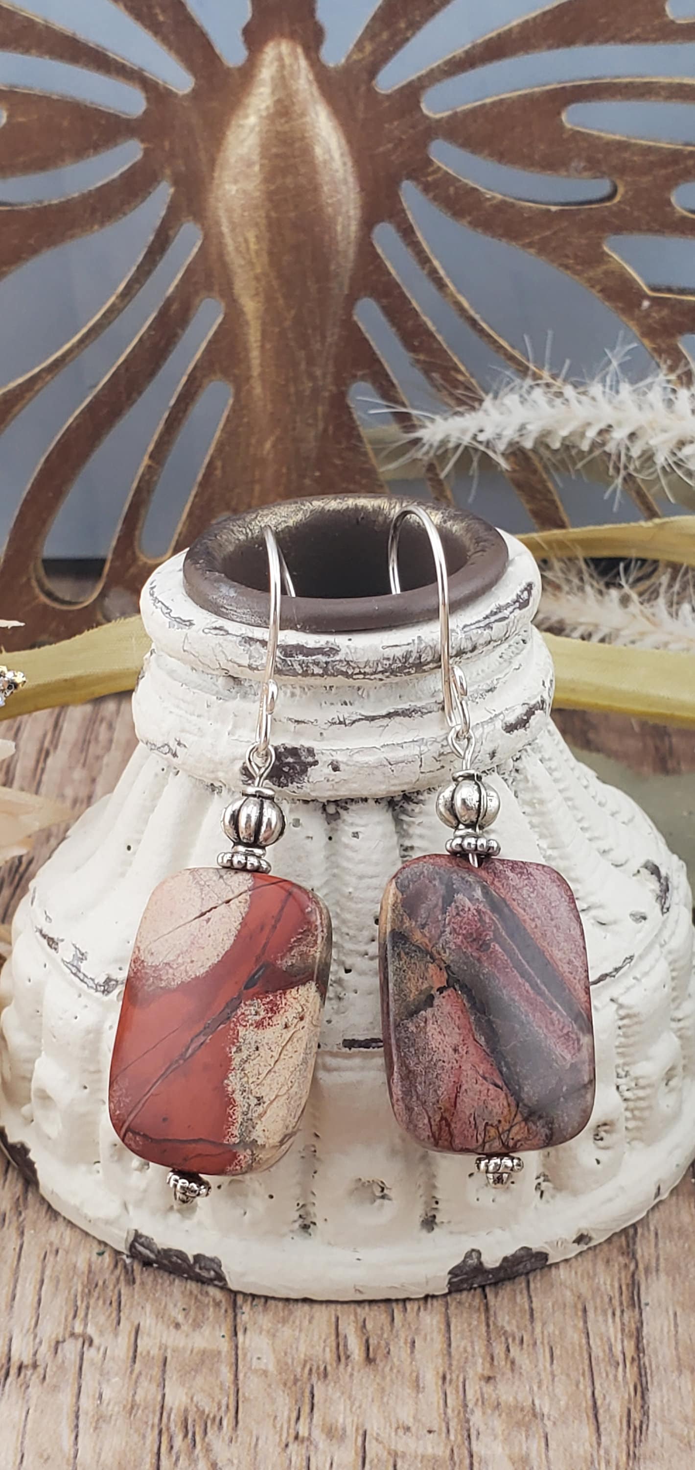 Apple Jasper Earrings, Silver Filled Earring Wire