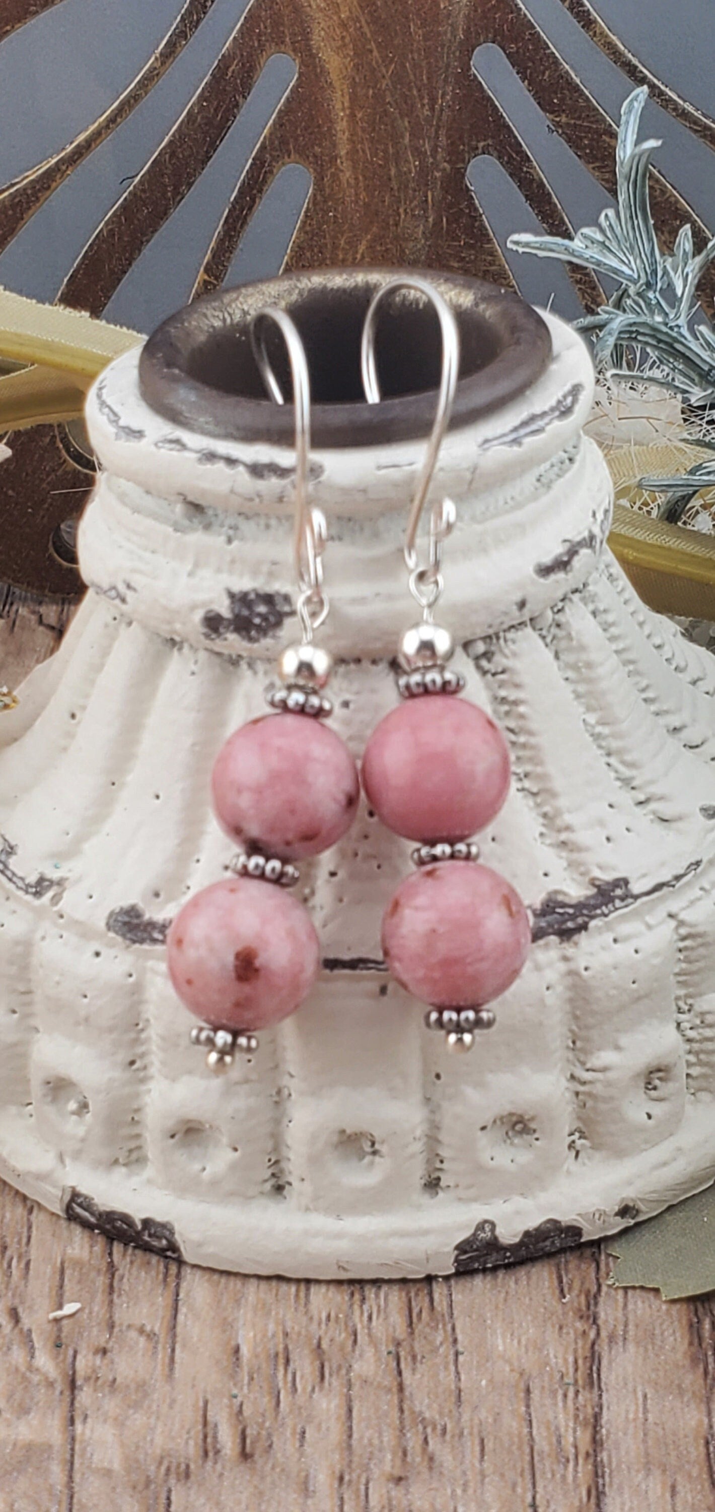 Thulite Banded 10mm Earrings, Silver Filled Earring Wire