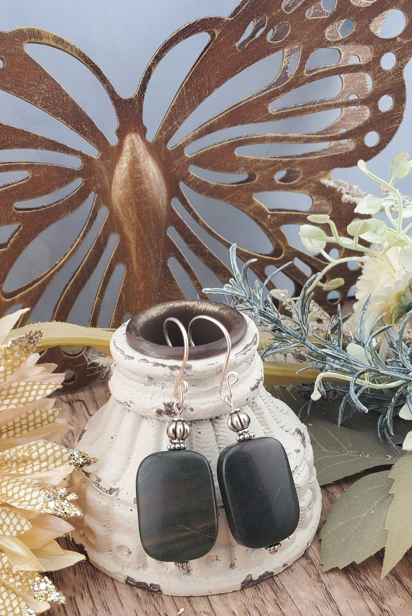 African Grey Jasper Earrings, Silver Filled Earring Wire
