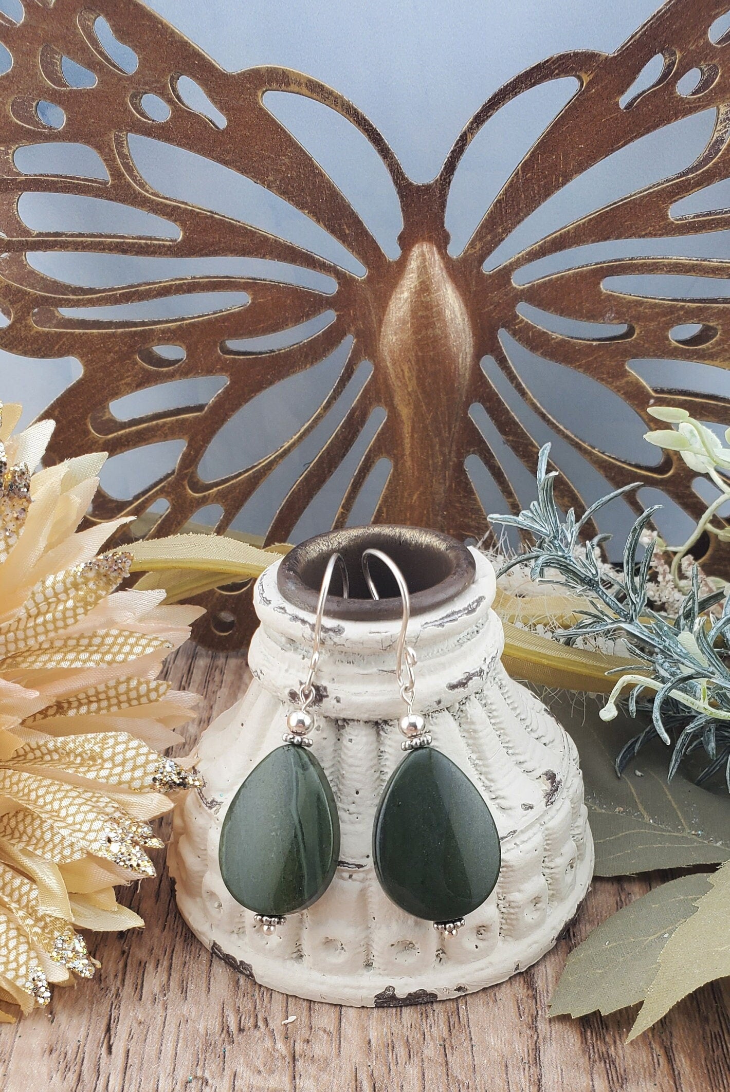 African Grey Jasper Earrings, Silver Filled Earring Wire