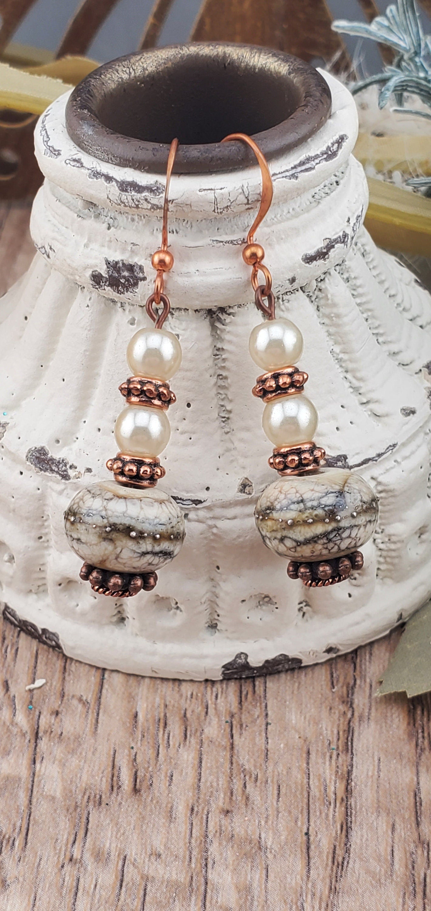 Pearly Whites Artisan Glass Earrings, Lampwork Glass Bead by Grace Lampwork Beads, Copper Earring Wire
