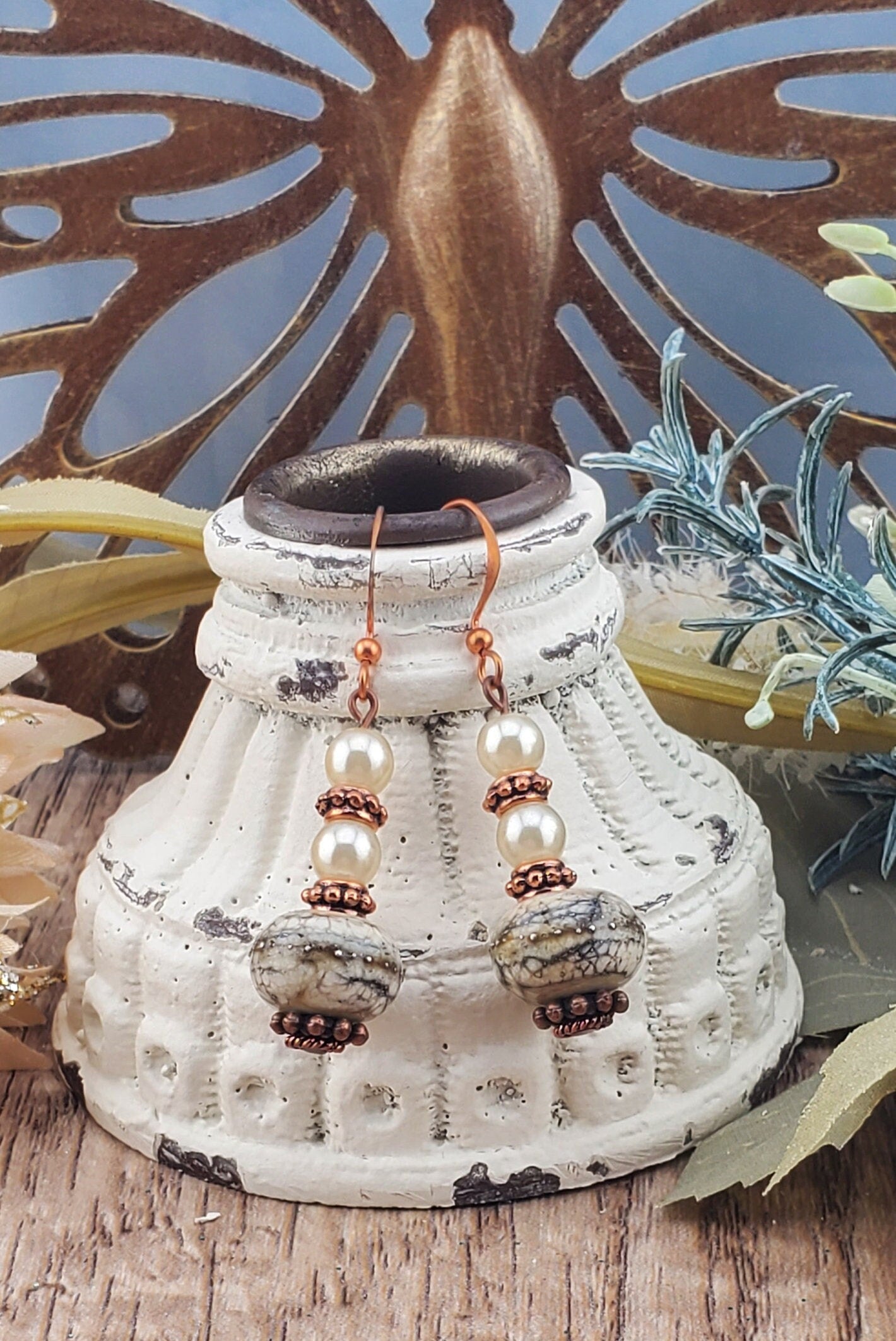 Pearly Whites Artisan Glass Earrings, Lampwork Glass Bead by Grace Lampwork Beads, Copper Earring Wire