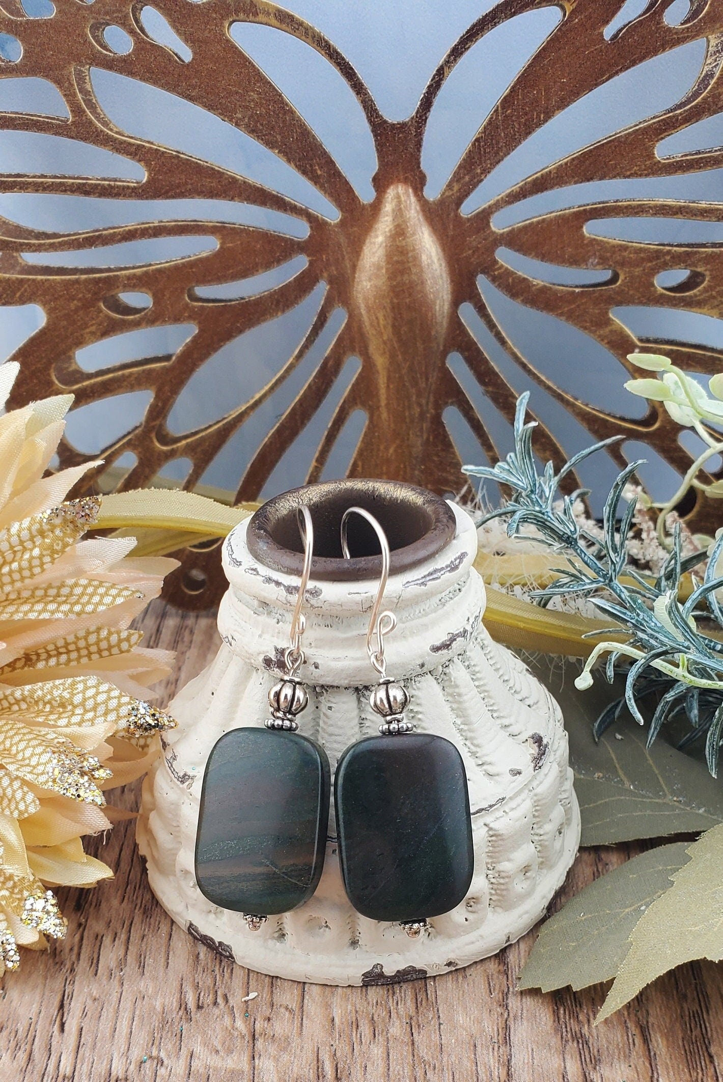 African Grey Jasper Earrings, Silver Filled Earring Wire