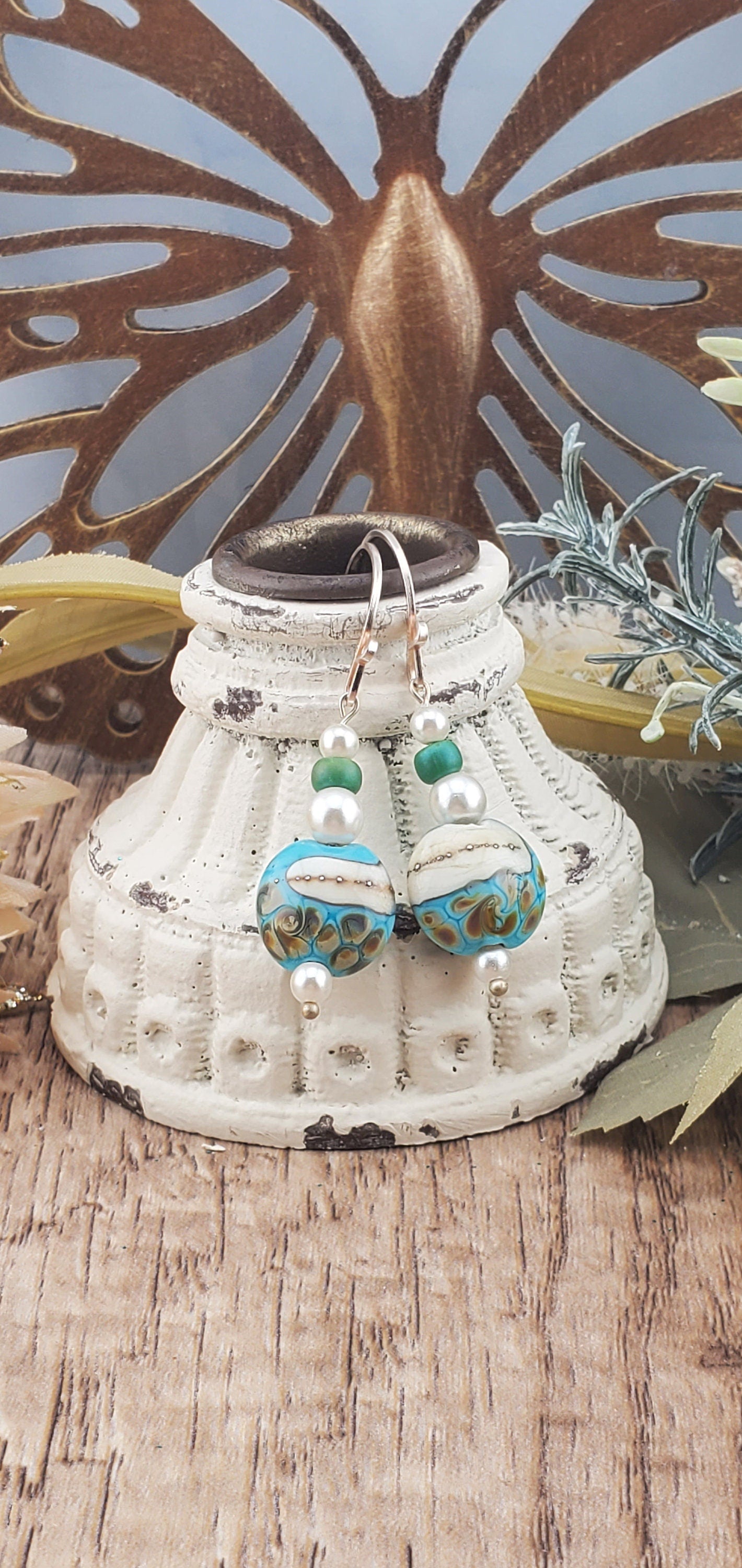 Sandy Shore Artisan Glass Earrings, Lampwork Glass Bead by Grace Lampwork Beads, Silver Filled Earring Wire