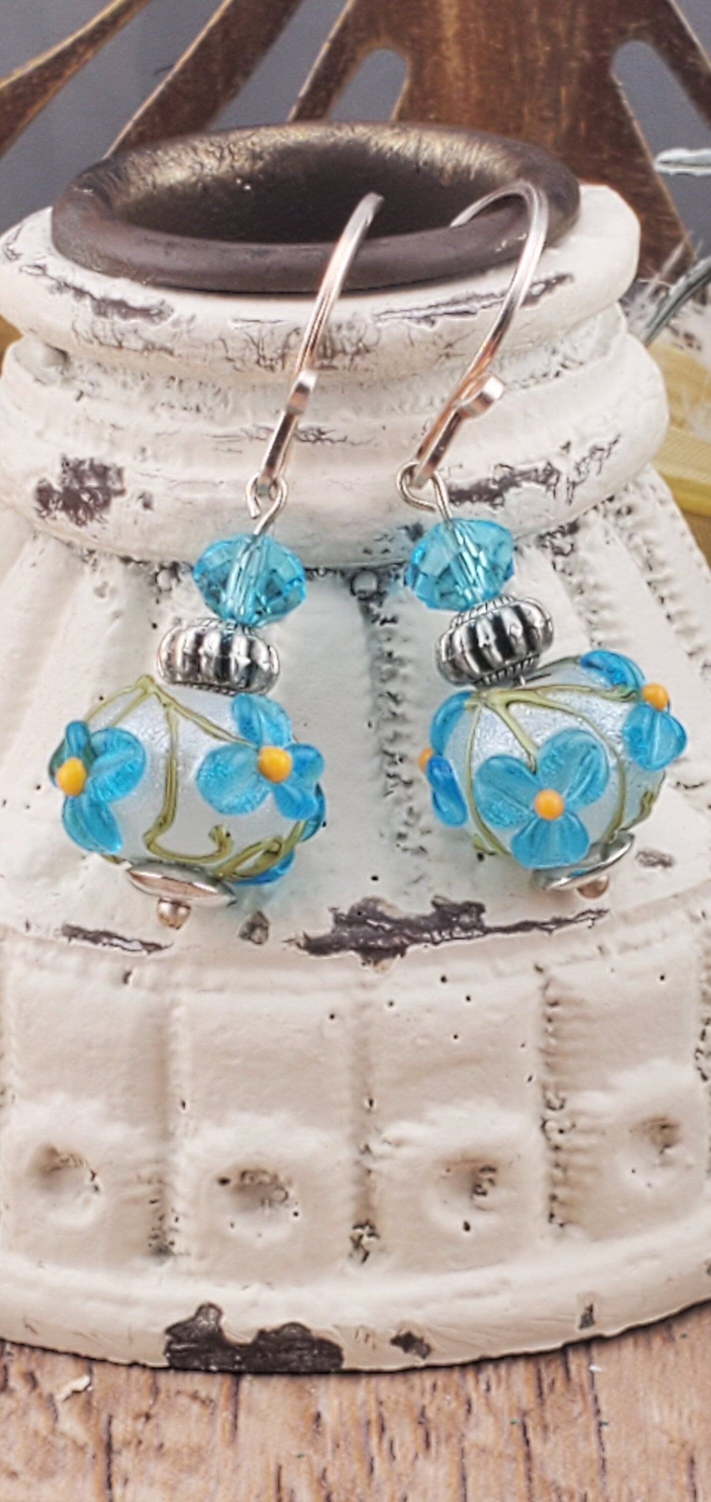 Garden Blooms Artisan Glass Earrings, Lampwork Glass Bead by Grace Lampwork Beads, Silver Filled Earring Wire