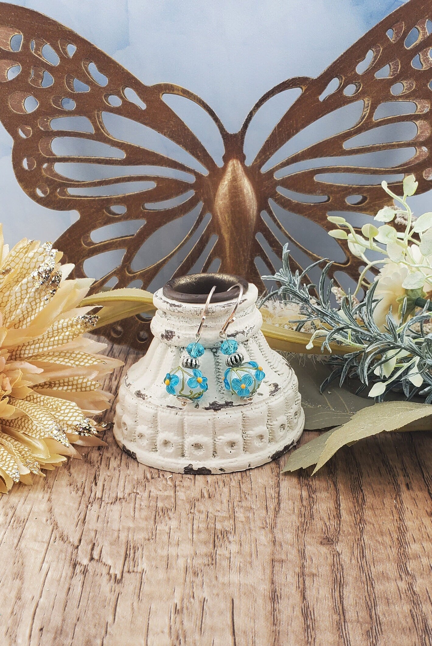Garden Blooms Artisan Glass Earrings, Lampwork Glass Bead by Grace Lampwork Beads, Silver Filled Earring Wire