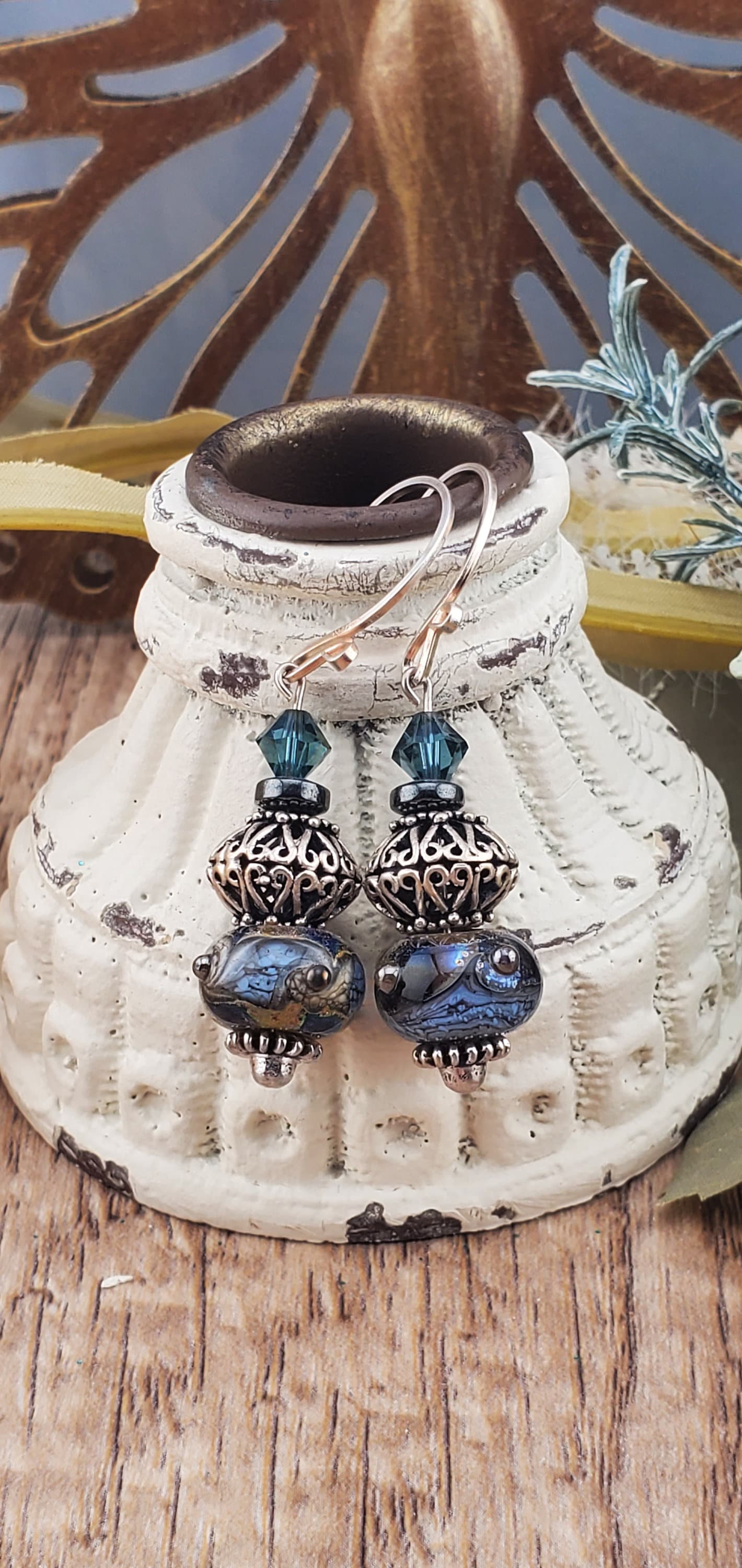 Stormy night Artisan Glass Earrings, Lampwork Glass Bead by Grace Lampwork Beads, Silver Filled Earring Wire