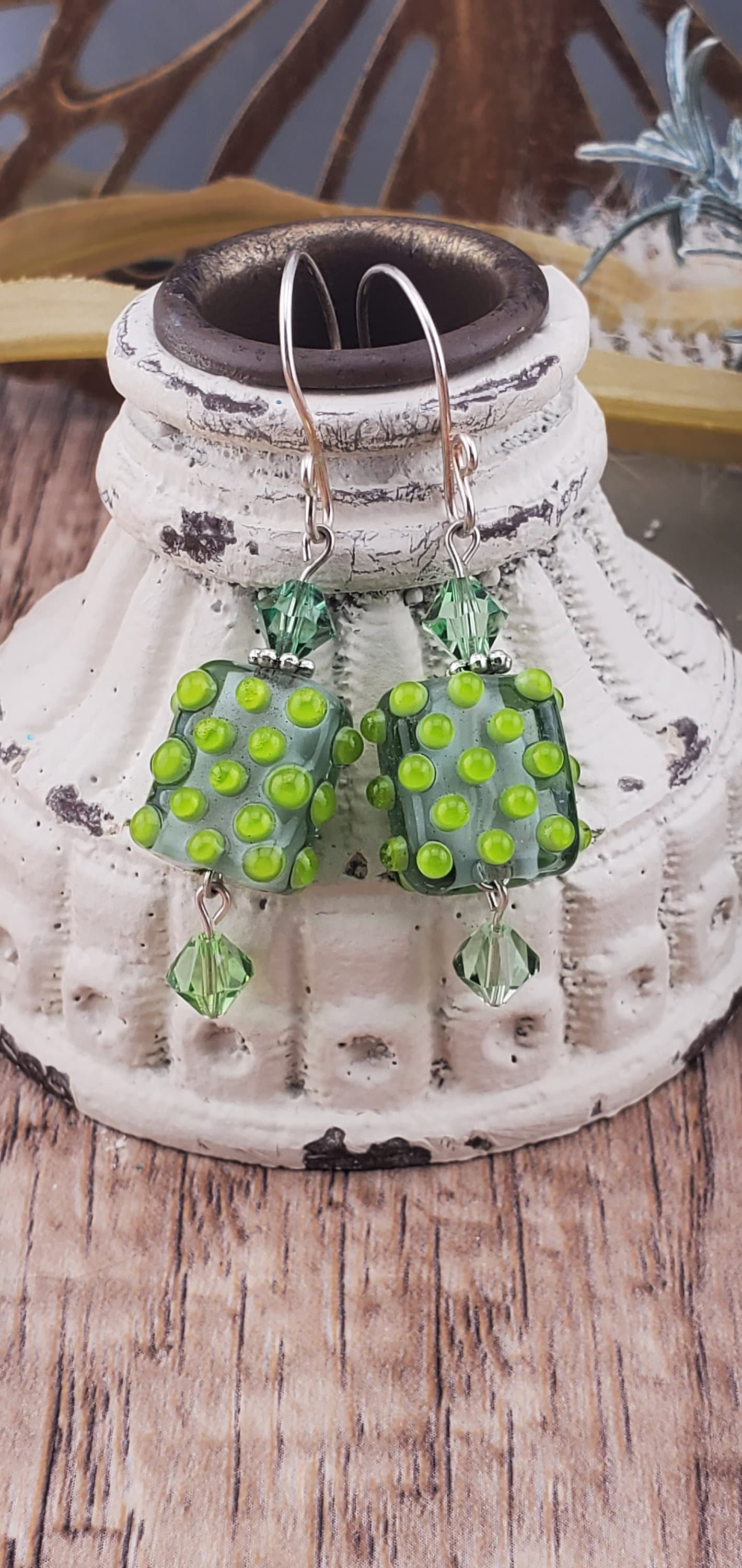 Lime All Yours Artisan Glass Earrings, Lampwork Glass Bead by Grace Lampwork Beads, Silver Filled Earring Wire