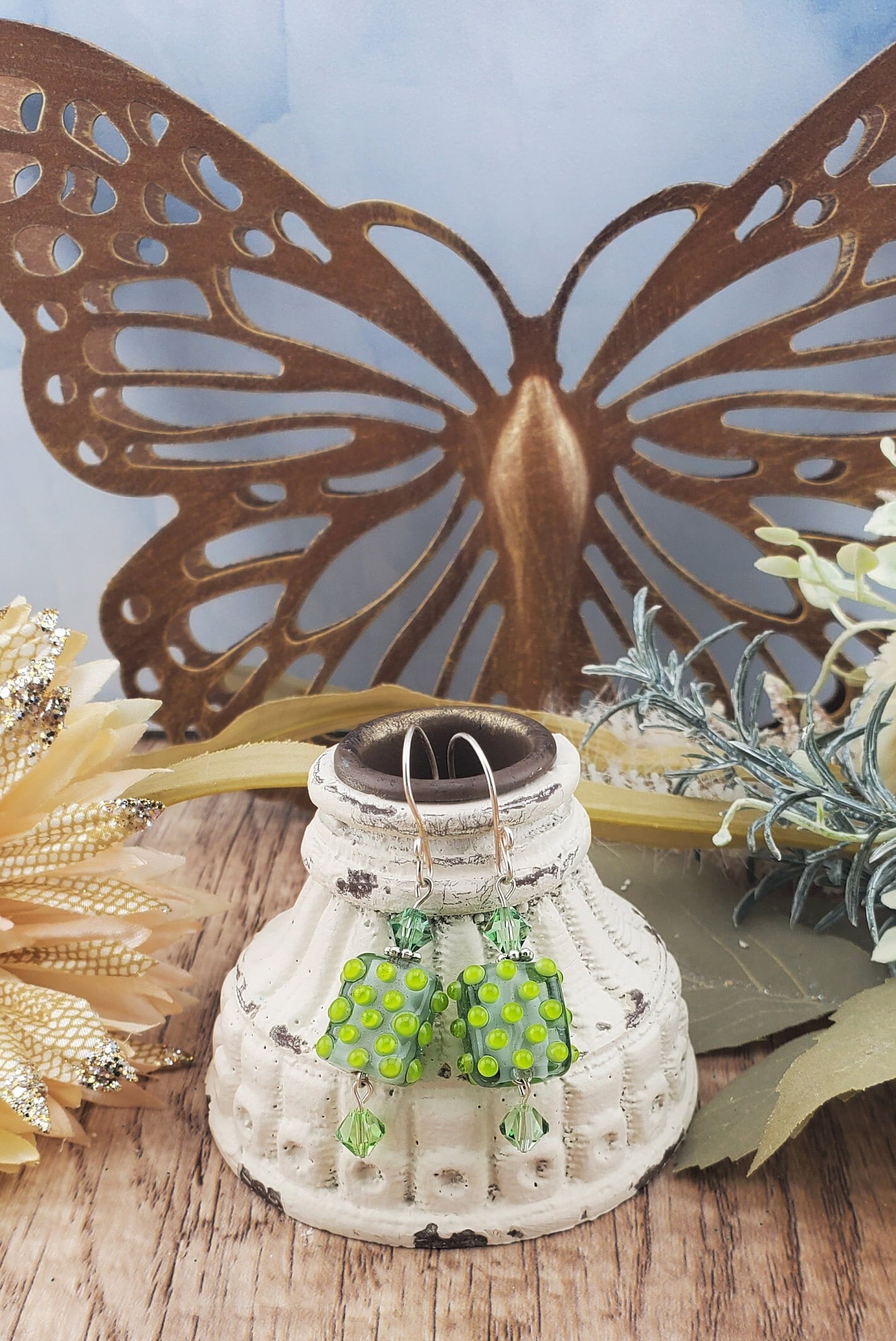 Lime All Yours Artisan Glass Earrings, Lampwork Glass Bead by Grace Lampwork Beads, Silver Filled Earring Wire