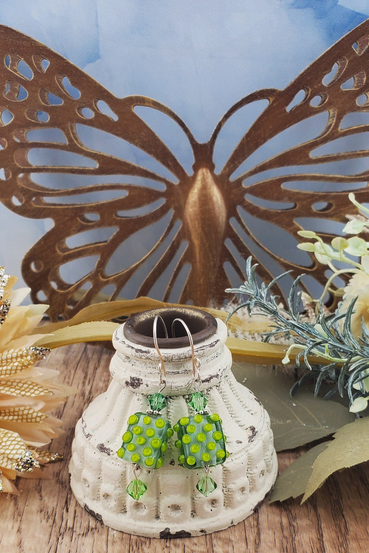 Lime All Yours Artisan Glass Earrings, Lampwork Glass Bead by Grace Lampwork Beads, Silver Filled Earring Wire