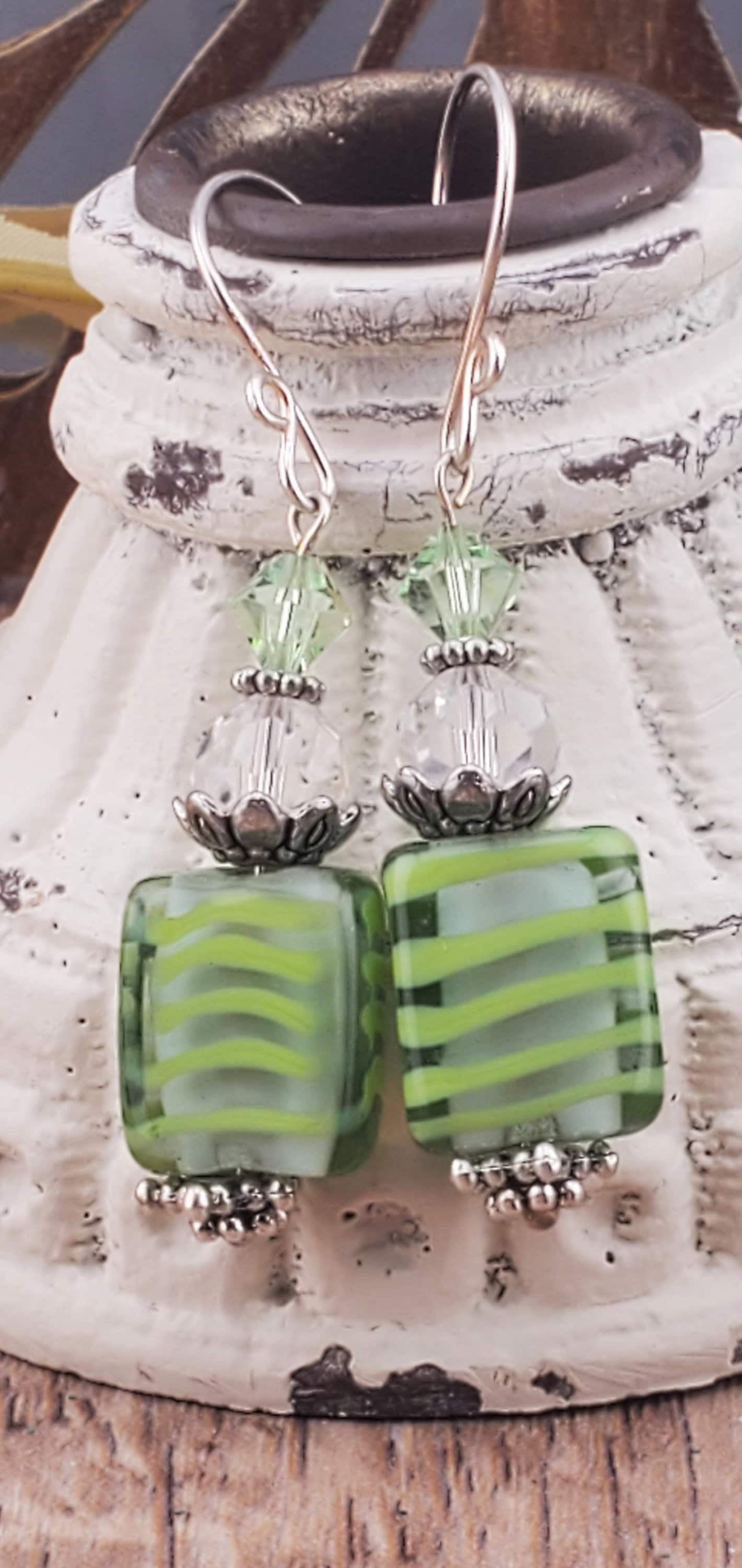 Lime Feeling Good Artisan Glass Earrings, Lampwork Glass Bead by Grace Lampwork Beads, Silver Filled Earring Wire