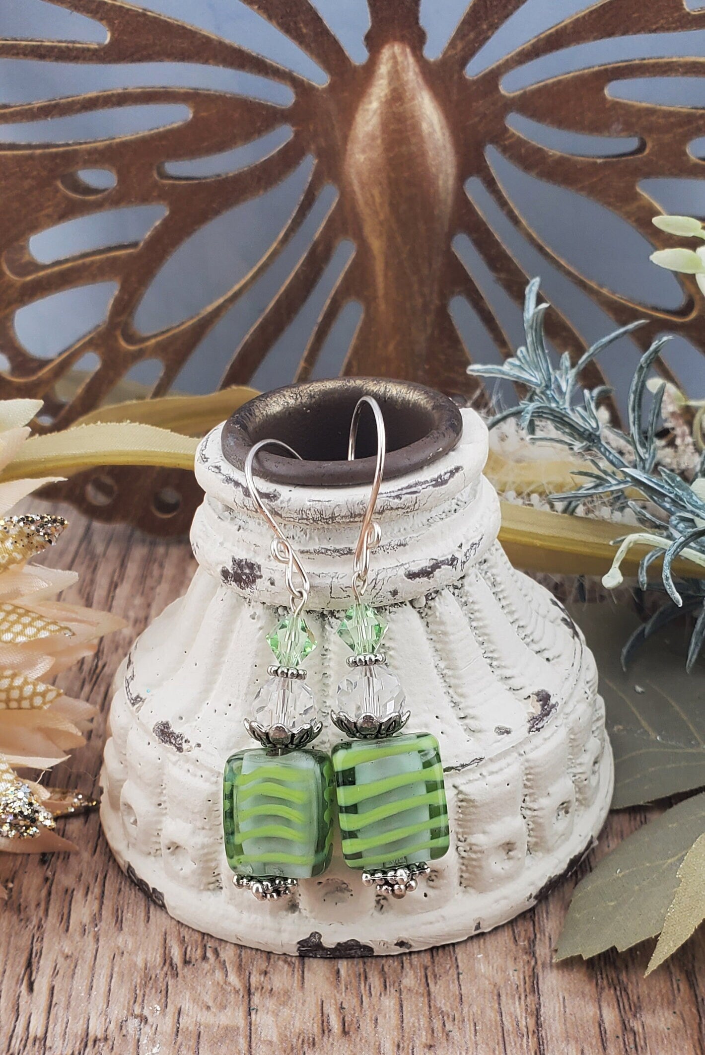 Lime Feeling Good Artisan Glass Earrings, Lampwork Glass Bead by Grace Lampwork Beads, Silver Filled Earring Wire