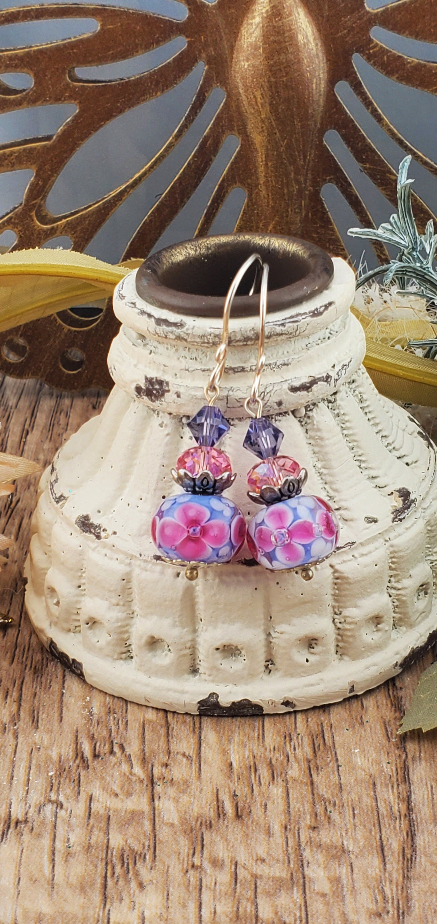 Hope Blossoms Artisan Glass Earrings, Lampwork Glass Bead by Grace Lampwork Beads, Silver Filled Earring Wire